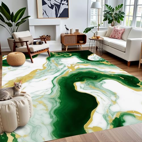 Marble Swirl Modern Abstract Emerald Green Grey Gold Area Rug for Living Room Bedroom Diningroom Ultra Soft Wool Carpet Under Coffee Table Lux Aesthetic Home Office Farmhouse Floor Rug 5x7