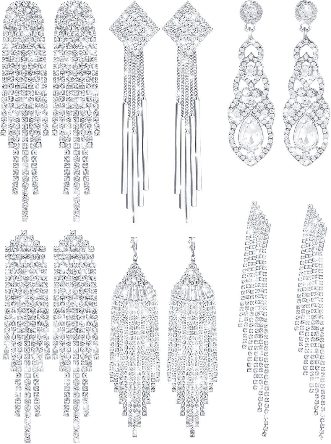 Tudomro 6 Pairs Rhinestone Chandelier Earrings Women Dangling Crystal Fringe Long Tassel Earrings for Brides Wedding Gifts