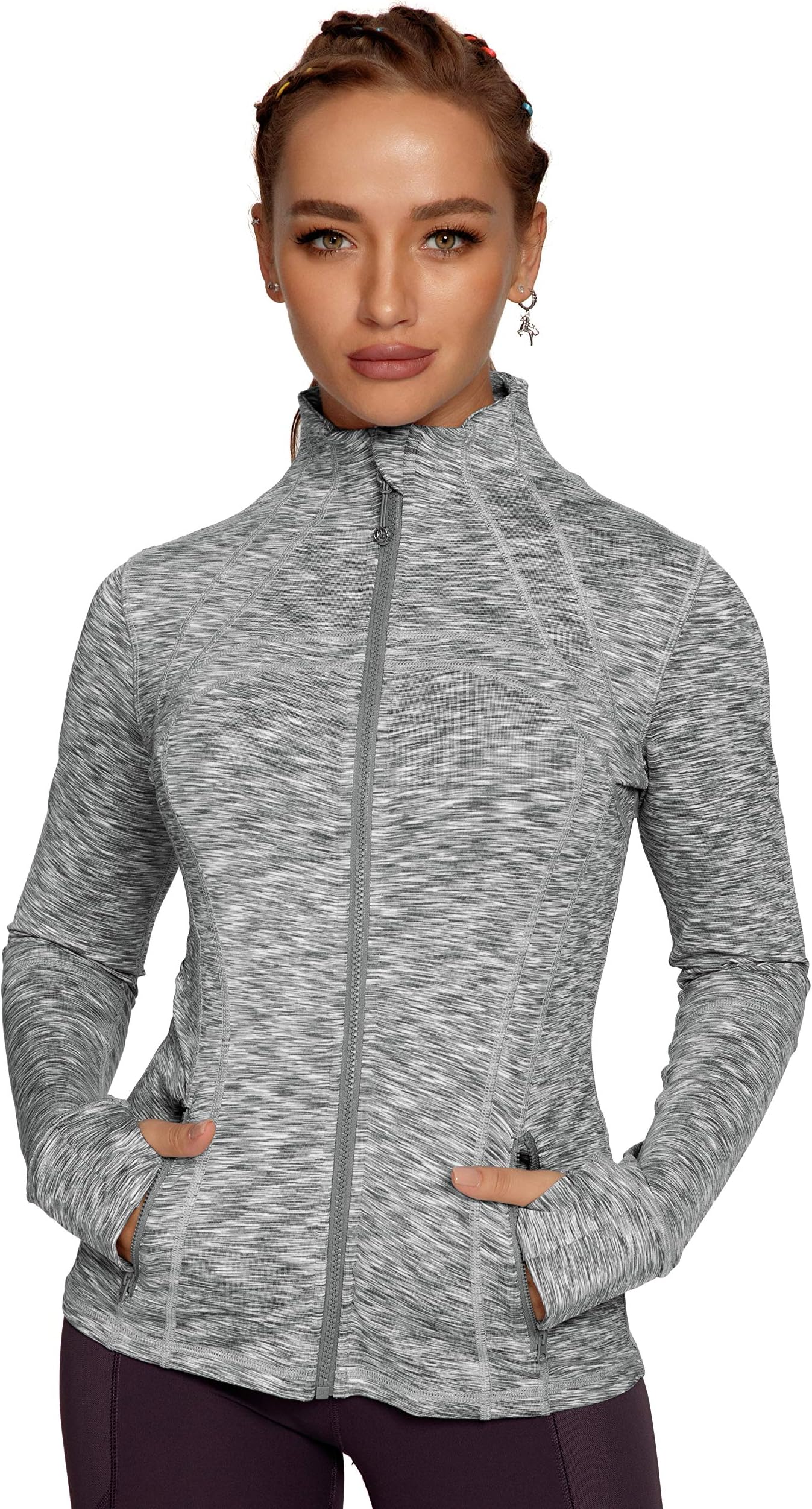 QUEENIEKEWorkout Jackets For Women, Lightweight Full Zip Up Athletic Jacket Women Cropped Running Jackets With Thumb Holes