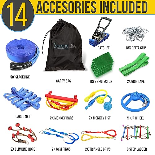 Miniatura 5 de SereneLife Ninja Warrior Slack Line Juego de equipo de juego para exteriores para niños con escalera de cuerda y accesorios