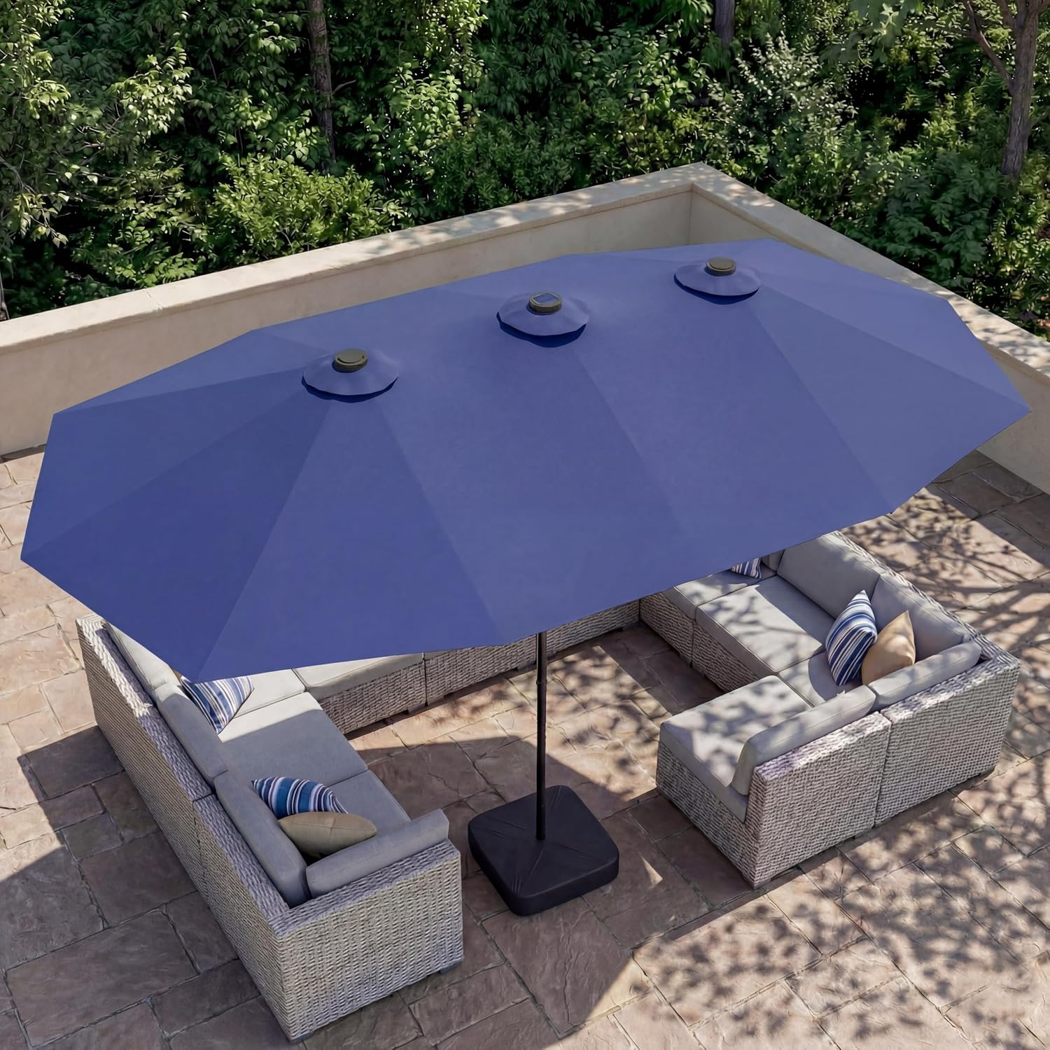 EO Living 15ft Large Patio Umbrella with Solar Lights, Double-Sided Rectangle Outdoor Umbrella with Base Included, 36 LED Lights Table Umbrella for Poolside Deck Market (Navy Blue)