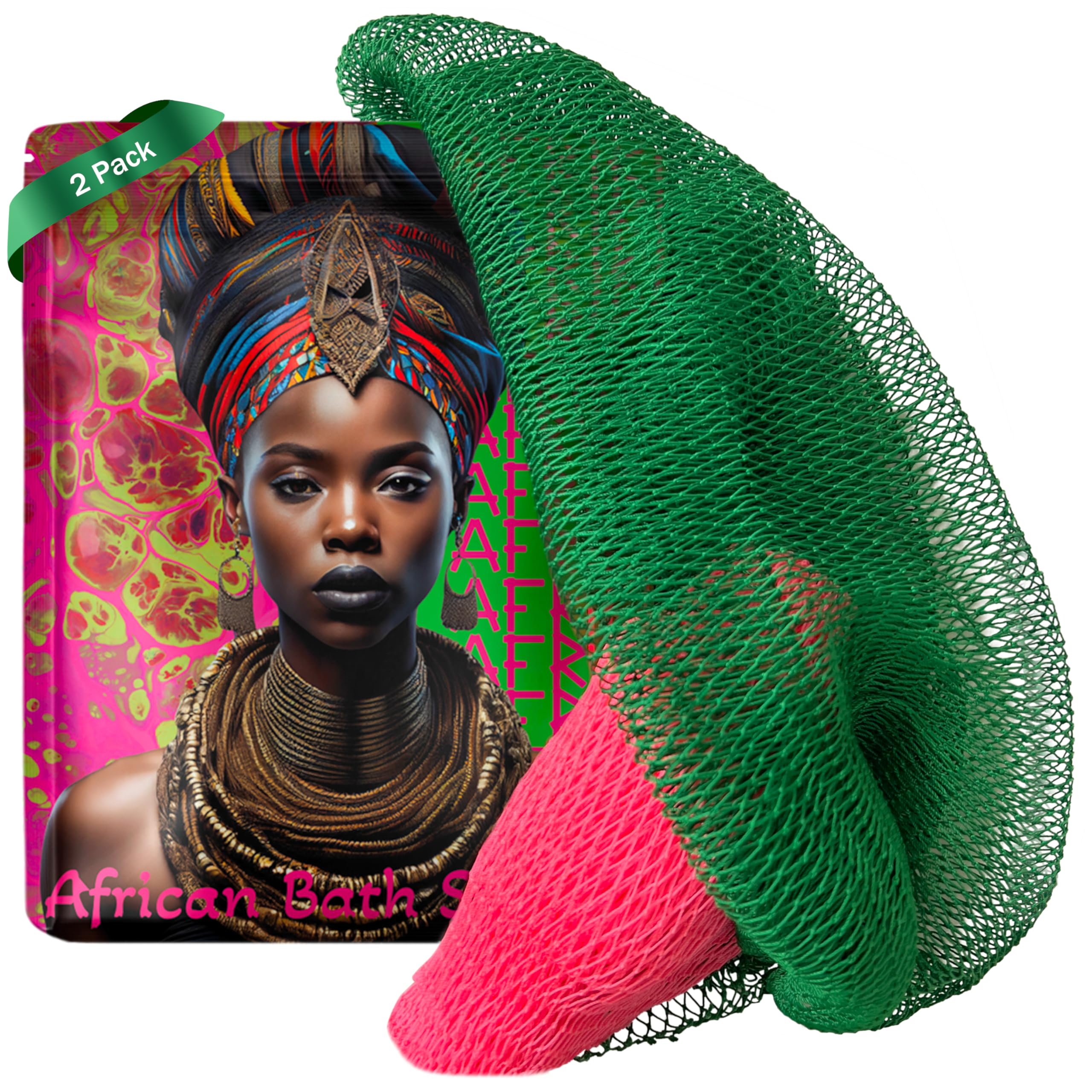 AFRIKI African Net Sponge – Exfoliating Body Scrubber, Black Owned & Rooted in Africa, All Skin Types | 45 in Long (Pink & Green)