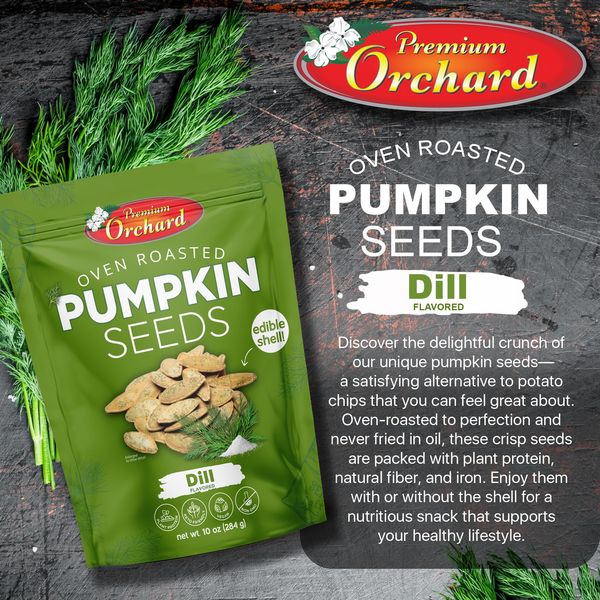 PREMIUM ORCHARD Flavored Pumpkin Seeds Oven Roasted | Dill Flavor | High Protein Snacks for Kids and Adults | Vegan Snack | Non GMO | KETO thumbnail 3