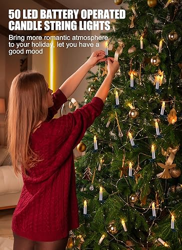 Miniatura 3 de Tira de luces para árbol de Navidad enchufables, 50 luces LED sin llama con clips, luces parpadeantes de vela de 48 pies para árbol de Navidad,