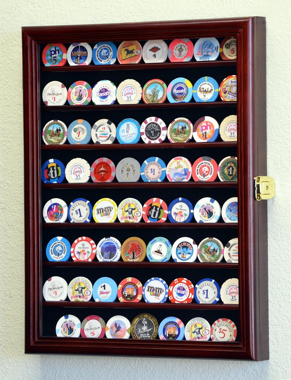 Casino Chips / Coins Display Case Cabinet Holders Rack w/ UV Protection -Cherry Finish