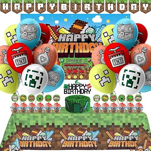Los suministros para fiestas de cumpleaños de Pixel Style Gamer incluyen pancarta adornos para pasteles y cupcakes globos pulseras tarjetas de