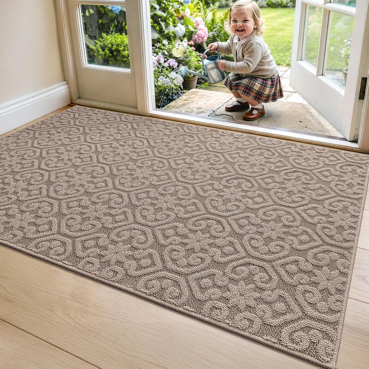 DEXI Schmutzfangmatte 90 x 150cm, rutschfest Fußmatte Innen, waschbarer Fussmatte, absorbierend Türmatte für Eingang, Haustür, Patio, Flur, Beige