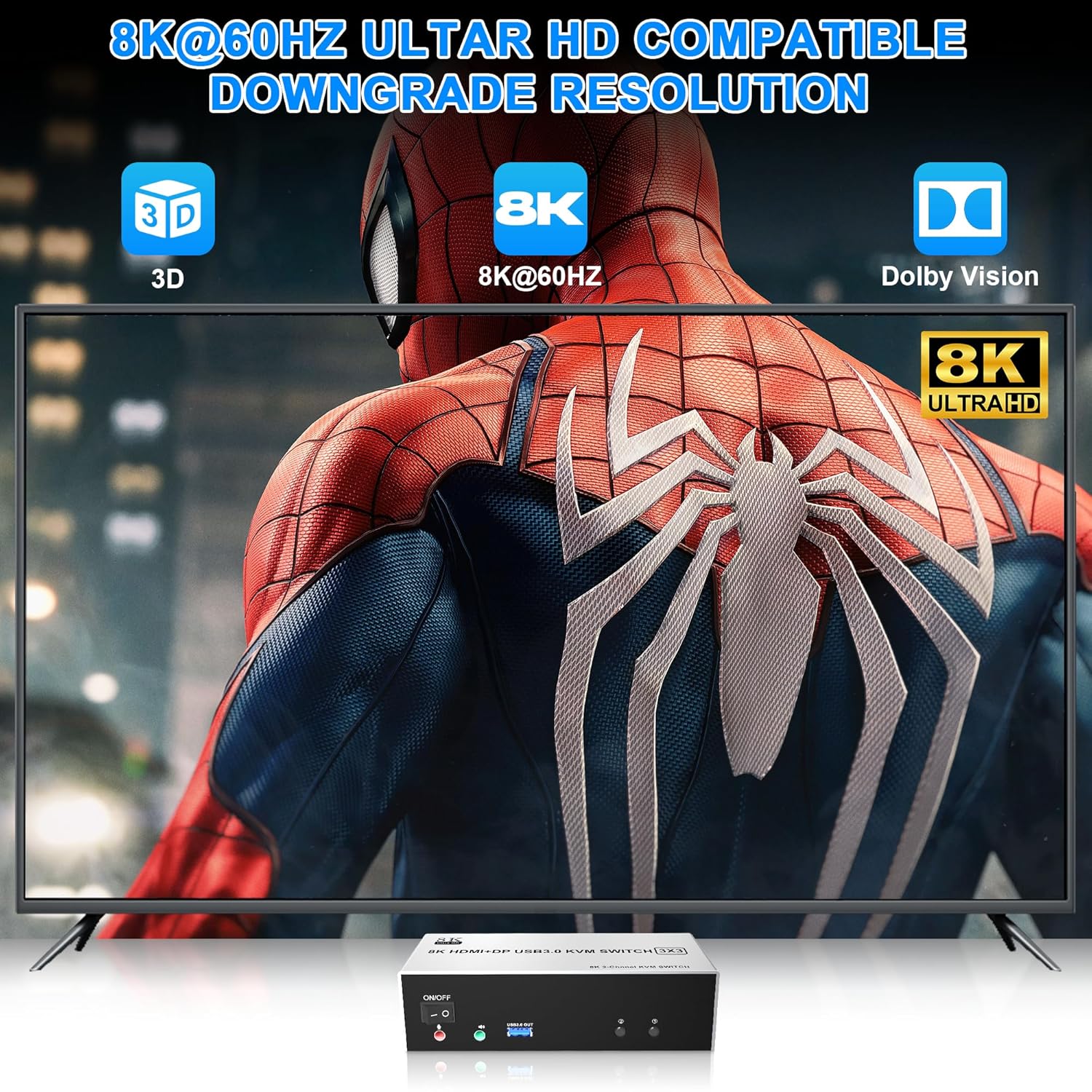 2 HDMI + 1 Displayport KVM Switch for 2 Computers Share 3 Monitor, 8K@60Hz Triple Monitor USB 3.0 Extended Display KVM Switcher Hub with Audio and 3 USB Ports Sharing Keyboard Mouse Printer