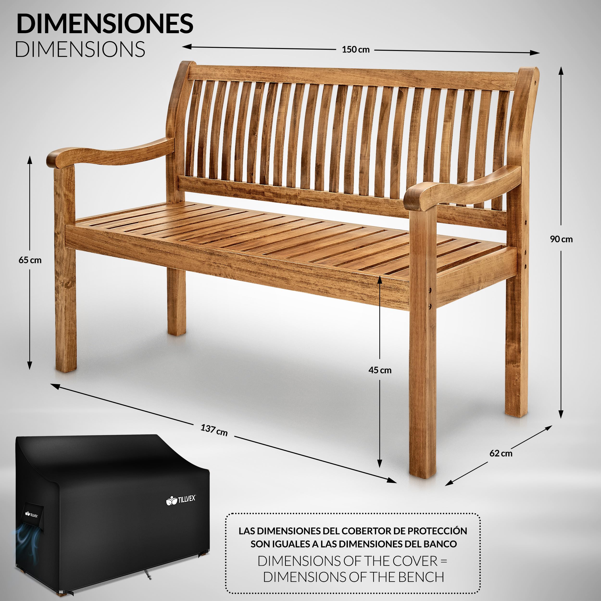 tillvex Banco de Madera para Jardín 150 cm con Cubierta | Robusto Asiento de Exterior 3-4 Plazas | hasta 320 kg de Carga | Banco para Porche, Terraza, Balcón