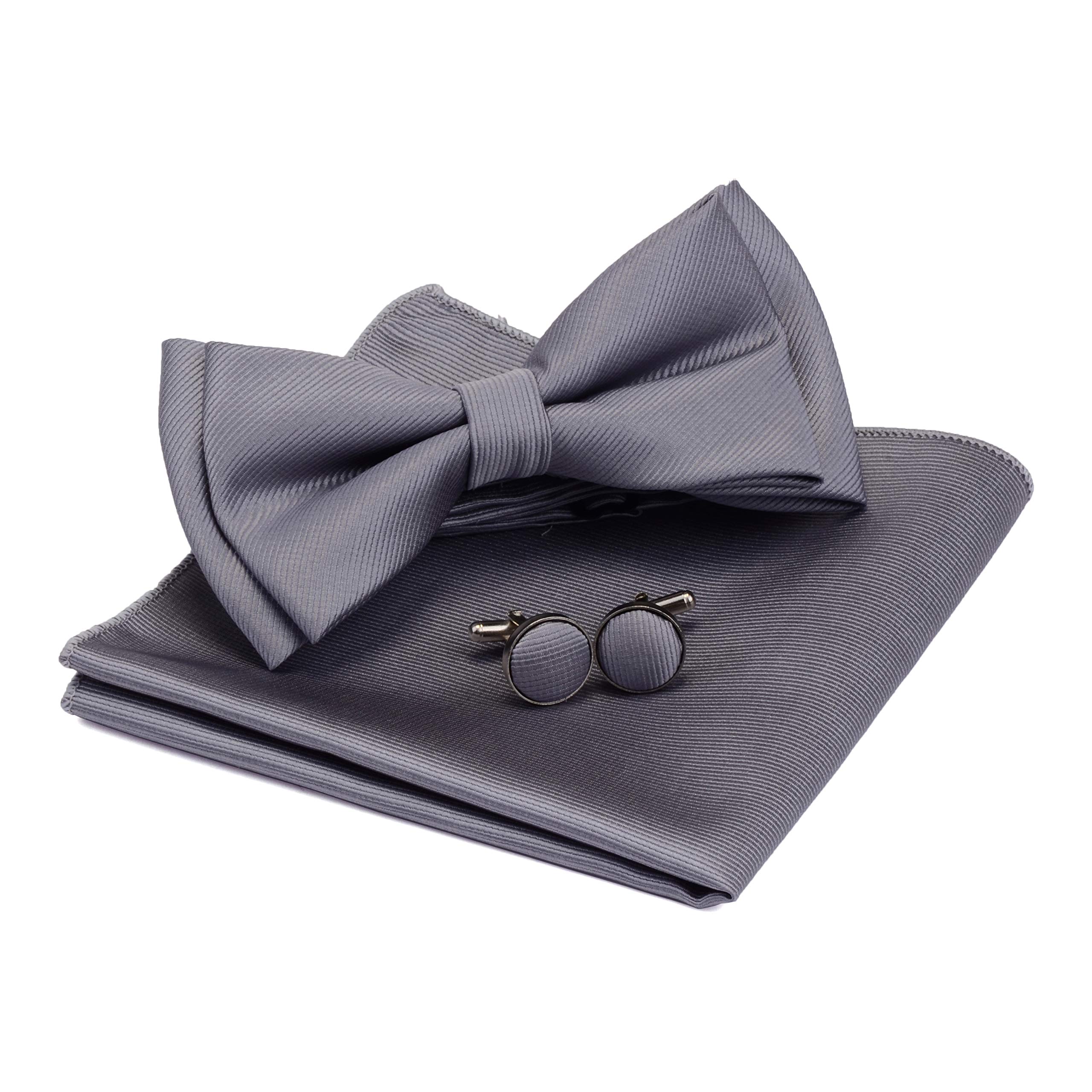 Gusleson Men's Bow Ties Solid Gray Bow Tie Silk Pre-tied Bowtie and Pocket Square Cufflink Sets (UK0577-05)
