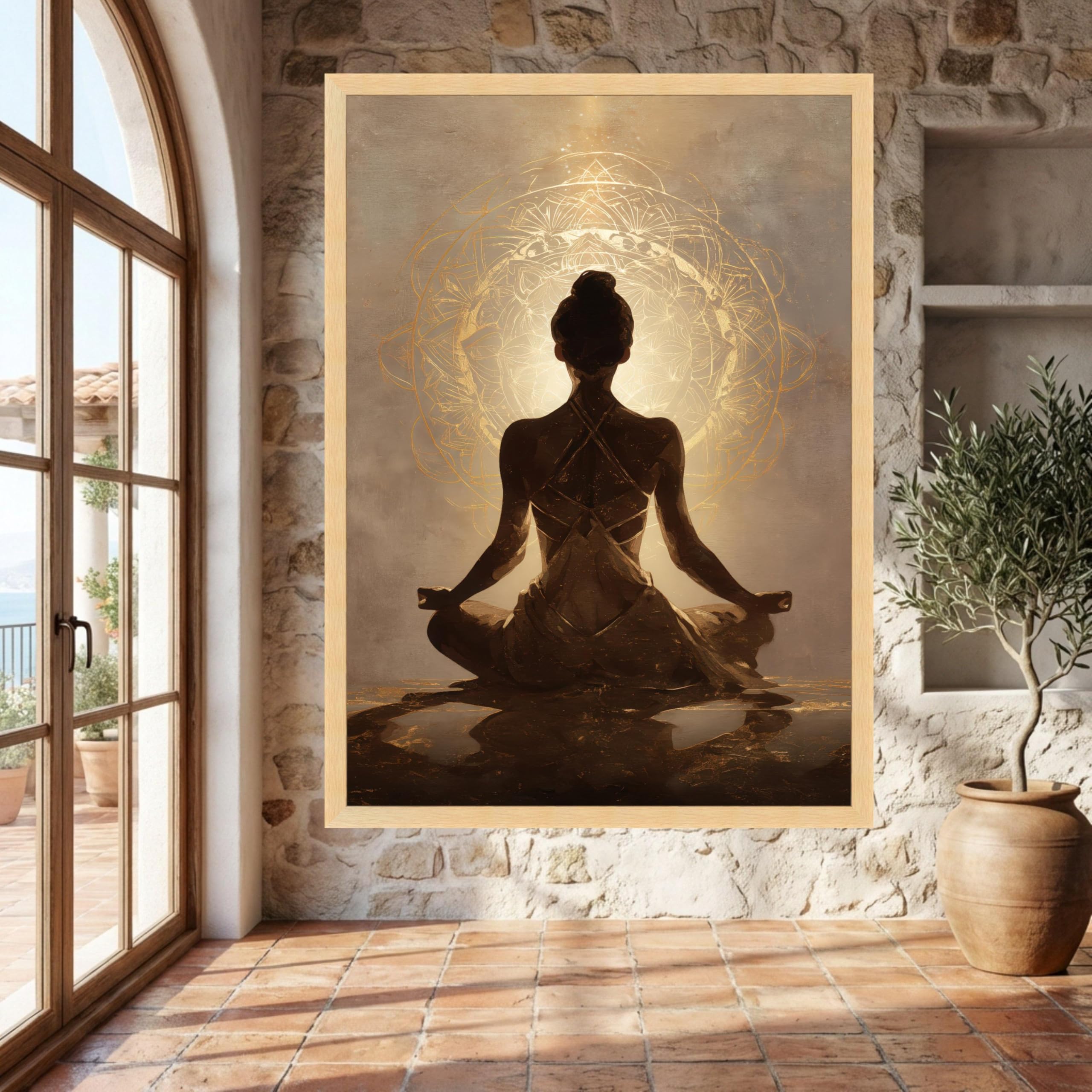 YUSUZHU Tela per meditazione con mandala dorato, silhouette di donna spirituale, decorazione per studio di yoga, tela per meditazione consapevole (30x40 cm/cornice interna)
