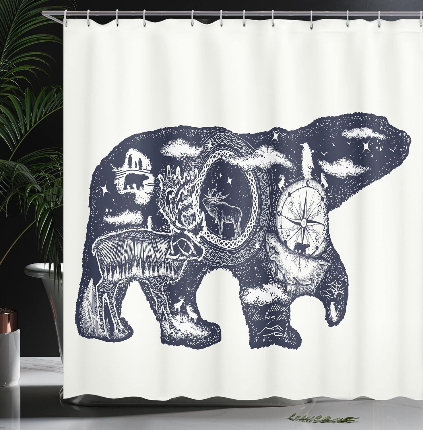 Ambesonne Cabin Shower Curtain, Cosmic Fantasy Polar Bear Tattoo Art Style Boho Northern Nature Compass, Cloth Fabric Bathroom Decor Set with Hooks, 69" W x 75" L, Indigo Blue