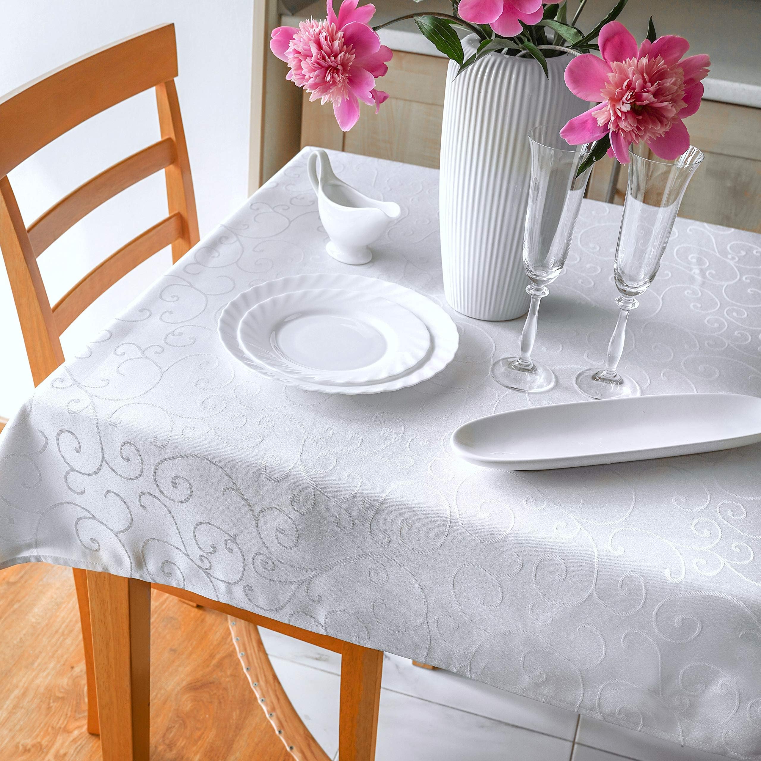 Sale! Summer Stain Resistant White Tablecloth Polyester Jacquard Table Linen, Rectangular, Square, Washes Easily, Non Iron - Wedding Tablecloth, Dinner, Square 70"x70"