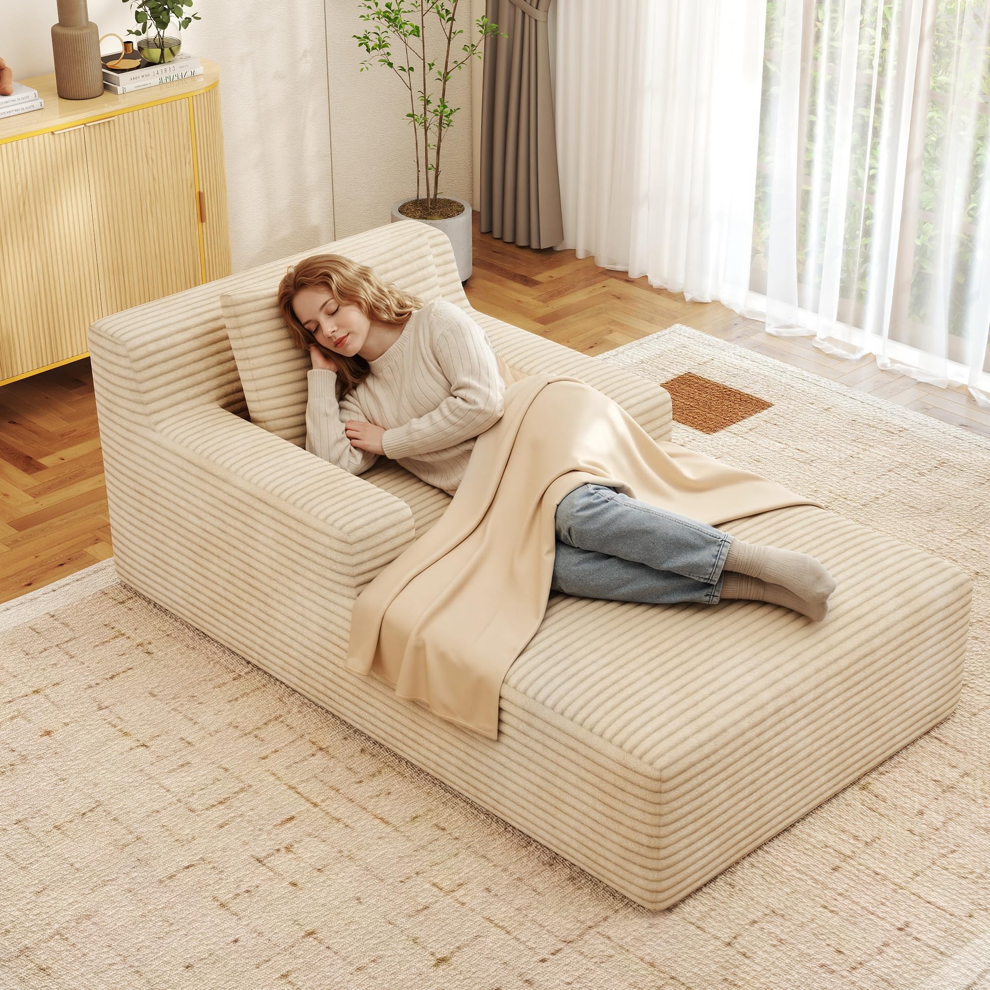 Fijinhom Boneless Sofa, Small Sofa, Modern Corduroy Floor Couch with 1 Cushion, Comfortable Single Sofa Bed for Living Room, No Assembly, Khaki, Size:160 * 105 * 72