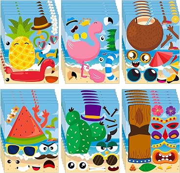 Ticiaga 36PCS Hawaii Make a face Sticker Sheets, Make Your Own Pineapple Flamingo Stickers,Tropical Luau Craft Project for Classroom Prizes, Summer Beach Mix and Match Stickers, Hawaiian PartySupplies