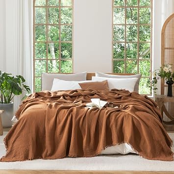 MooMee 100% Cotton Muslin Blanket Fringed 4-Layer Gauze Bed Throw, Queen