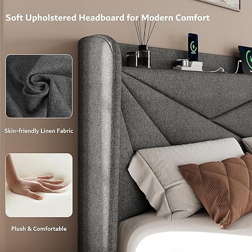Miniatura 4 de iPormis Marco de cama tamaño completo con estación de carga, marco de cama de plataforma de lino con cabecera tapizada con respaldo alado, soporte