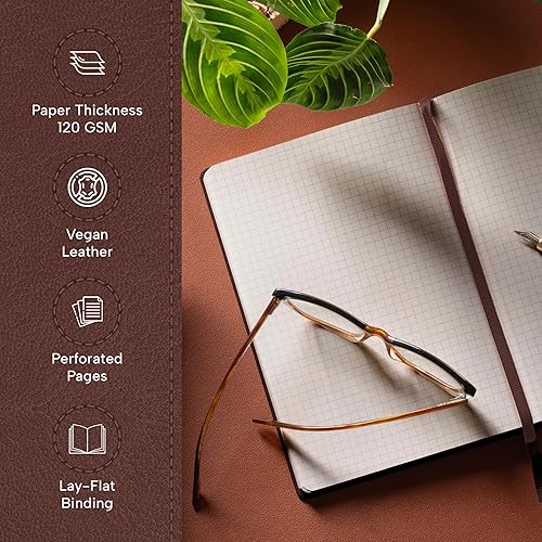 Miniatura 2 de BEECHMORE BOOKS Cuaderno de papel cuadriculado, regular, marrón, diario de matemáticas y ciencias de cuadrícula cuadrada de primera calidad, cuero