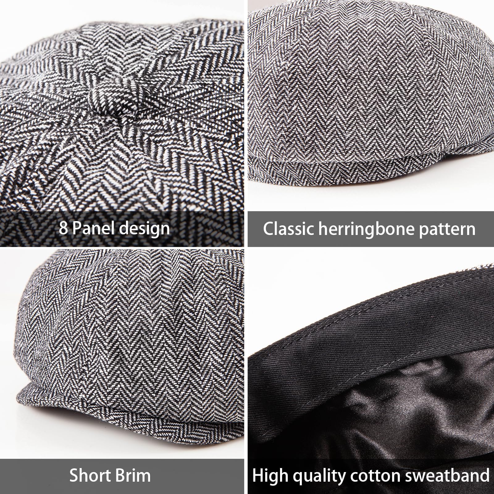 LADYBRO 8-Panel Herren Newsboy-Mütze - Fischgrätenmuster Tweed-Wollmischung Hüte Schirmmütze Scally Ivy Cap Vintage Alltag Freizeit