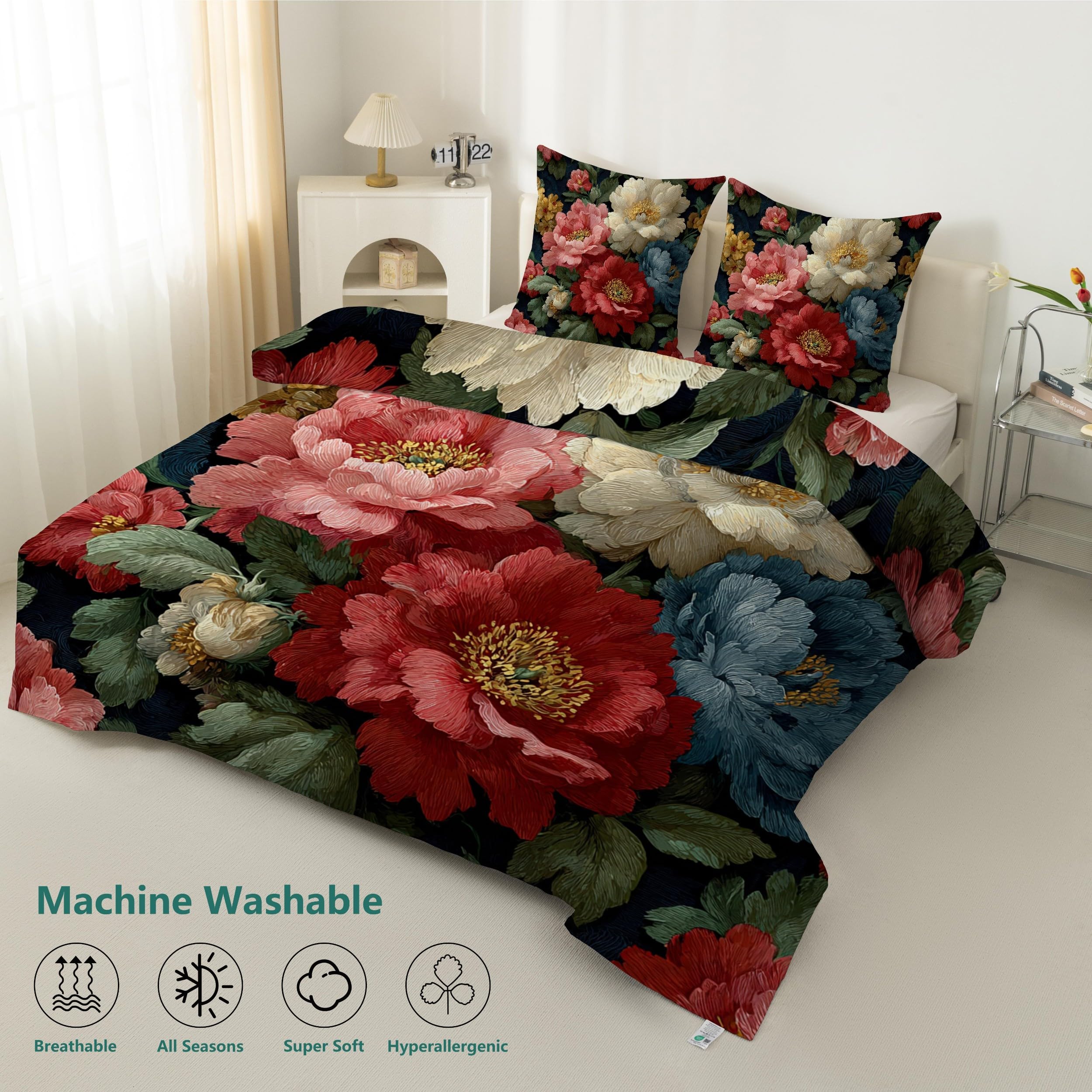 Duża pojedyncza kołdra w kwiaty - vintage botaniczna dwustronna kołdra bez poszewki - miękkie, lekkie zestawy kołder na wszystkie pory roku i można prać w pralce, pojedyncza, 135 x 200 cm