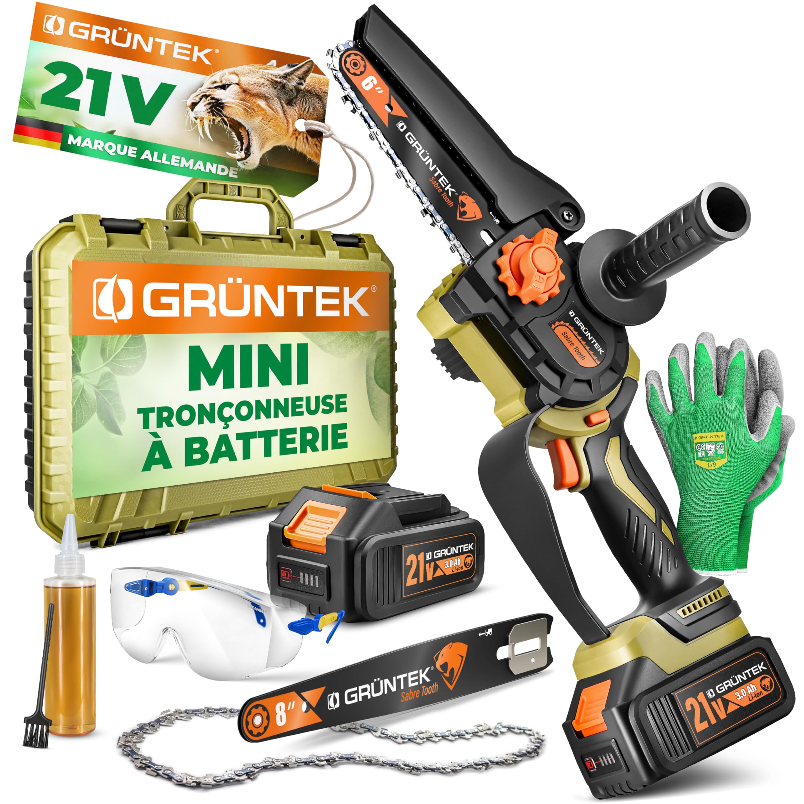 GRÜNTEK Mini Tronçonneuse à Batterie Sans Fil Brushless 21V Élagueuse Scie de Jardin Electrique avec 2 Batterie, 2 Chaînes. Kita avec accessoires de Jardin Gants et Lunettes