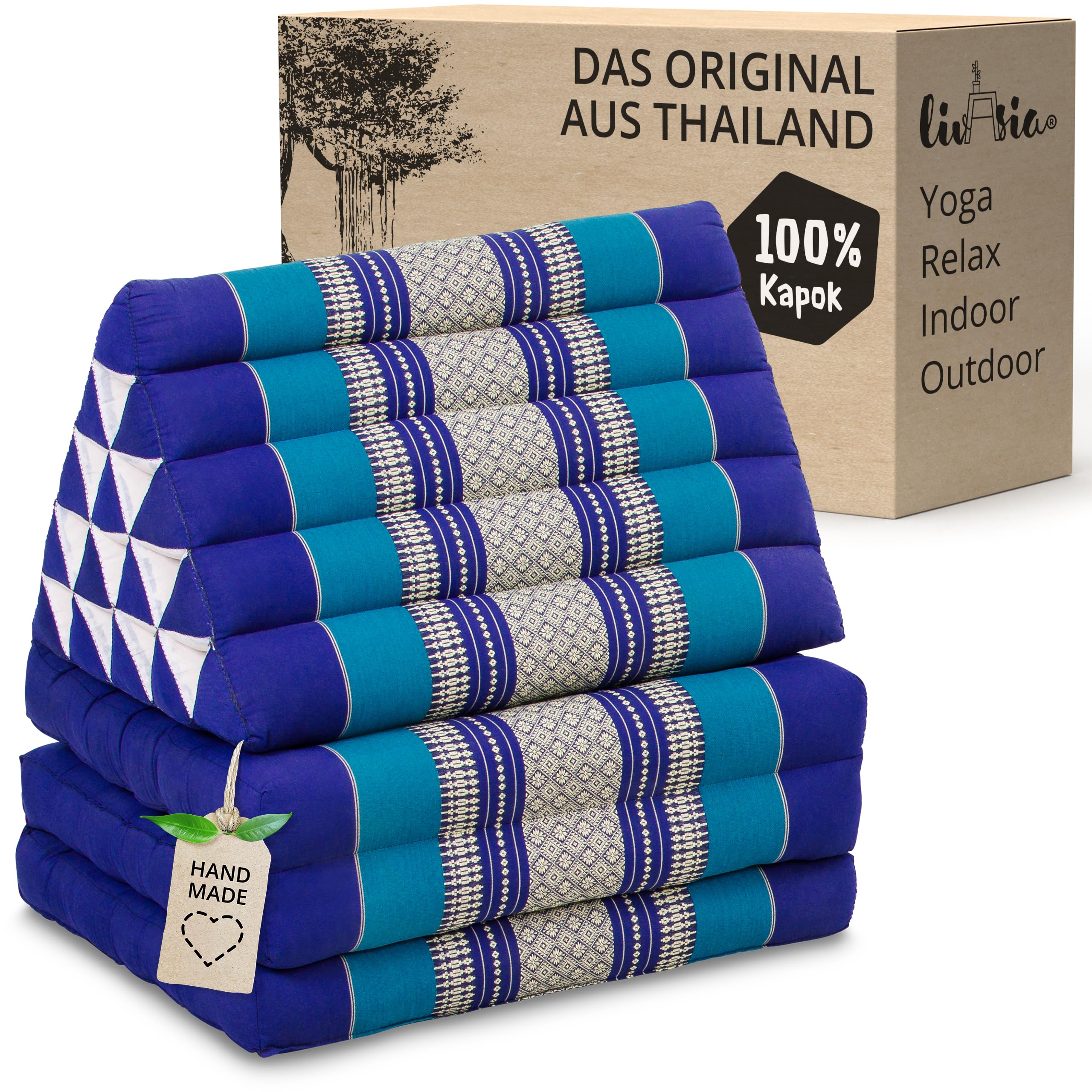 livasia Thaikissen 3 Auflagen extrahoch - 185x55x8cm - Dreieckskissen mit Klappmatratze, Kapok, Jumbo Rückenkissen faltbar, Thaimatte Klappen, handgefertigt, Meditationskissen (Blau)