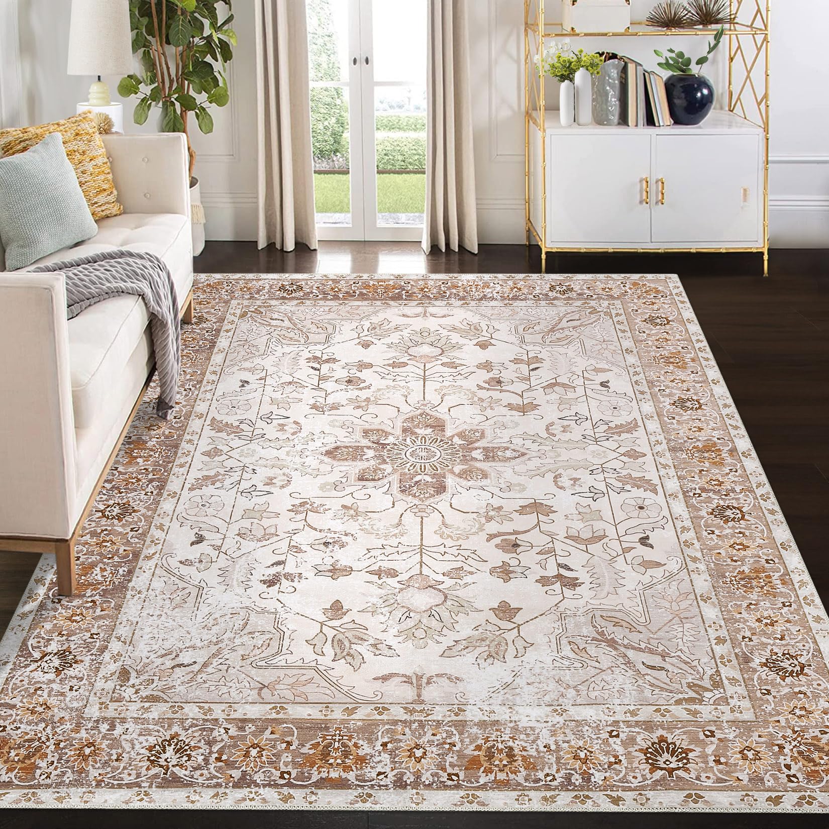 8x10 Area Rug Machine Washable Vintage Area Rug Oriental Distressed Accent Rug Stain Resistant Non-Slip Retro Medallion Foldable Floor Cover Carpet Rug for Living Room Decor, Orange/Beige