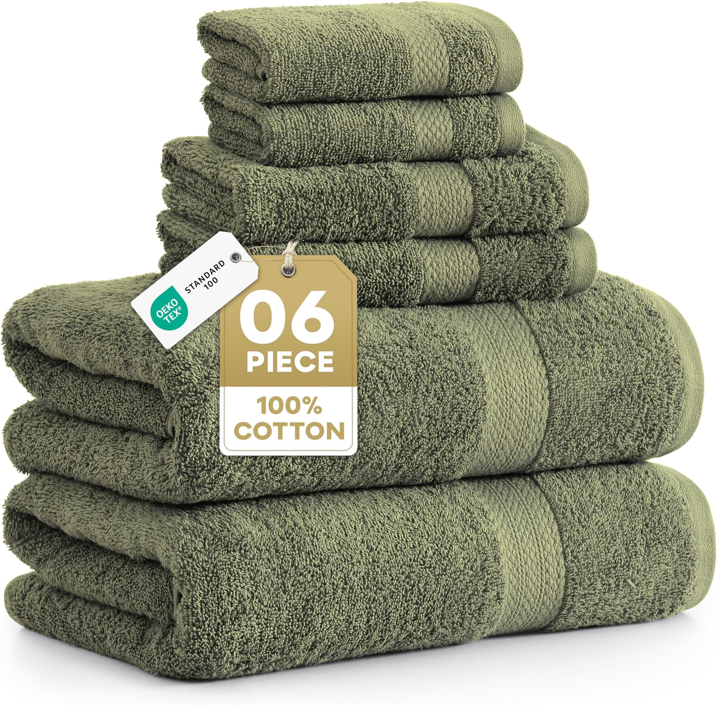 LANE LINEN Luxury Cotton Bath Towel Pack of 6 - Softer, Highly Absorbent & Durable - 2 Bath, 2 Wash cloths, 2 Hand Towels for Bathroom - Premium Look, Spa Quality, Solid Dyed Towels - Oil Green