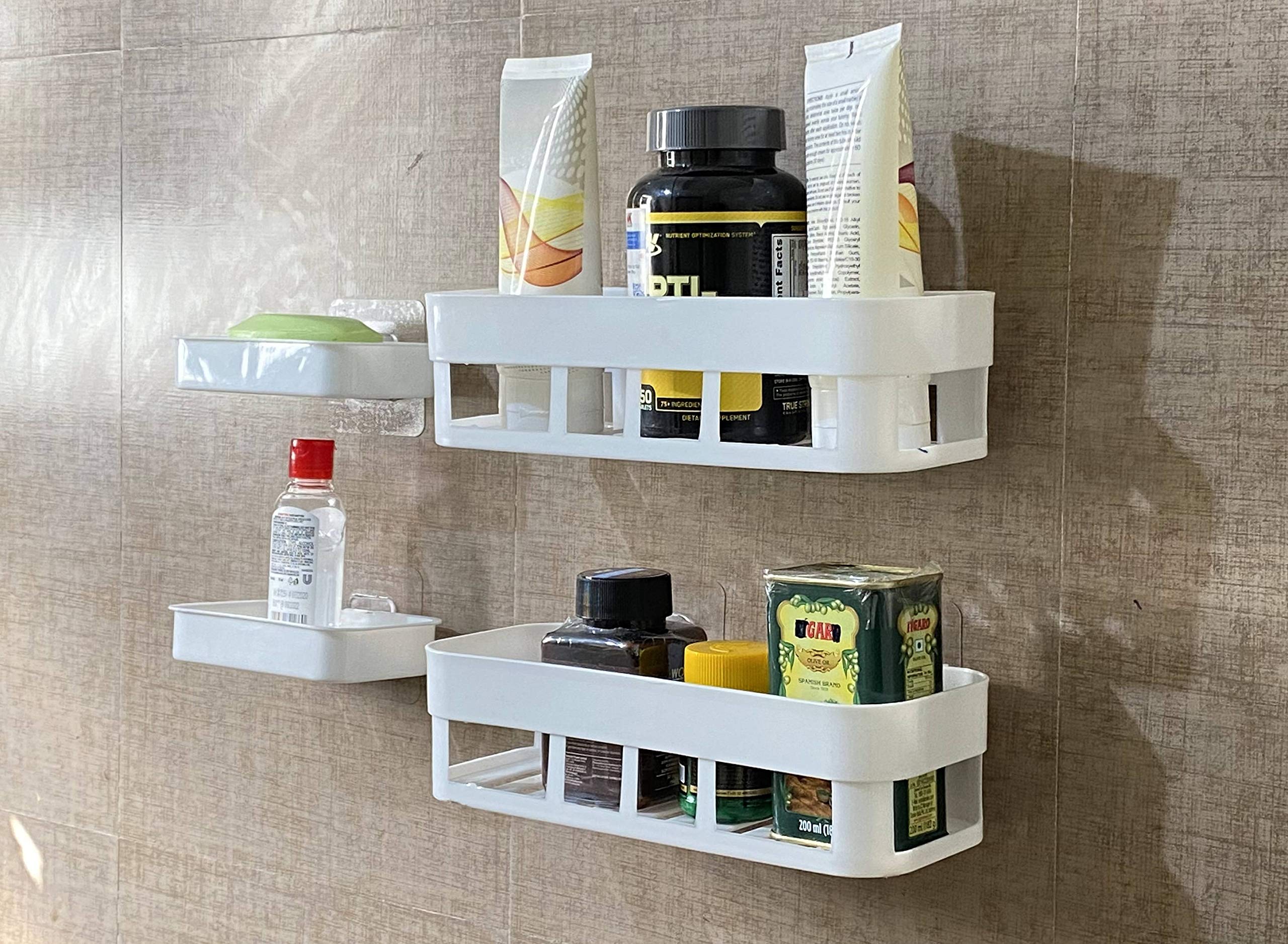 MOSHTU Bathroom Shelf Kitchen Shelf Soap Box Stand Combo - Wall Mount Bathroom Accessories for Home Decor with Self Adhesive Sticker - White (Combo Bathroom Shelve 4Pcs+ Soap Stand 1Pcs) (B08R1ZZLXW) Amazon Price History, Amazon Price Tracker