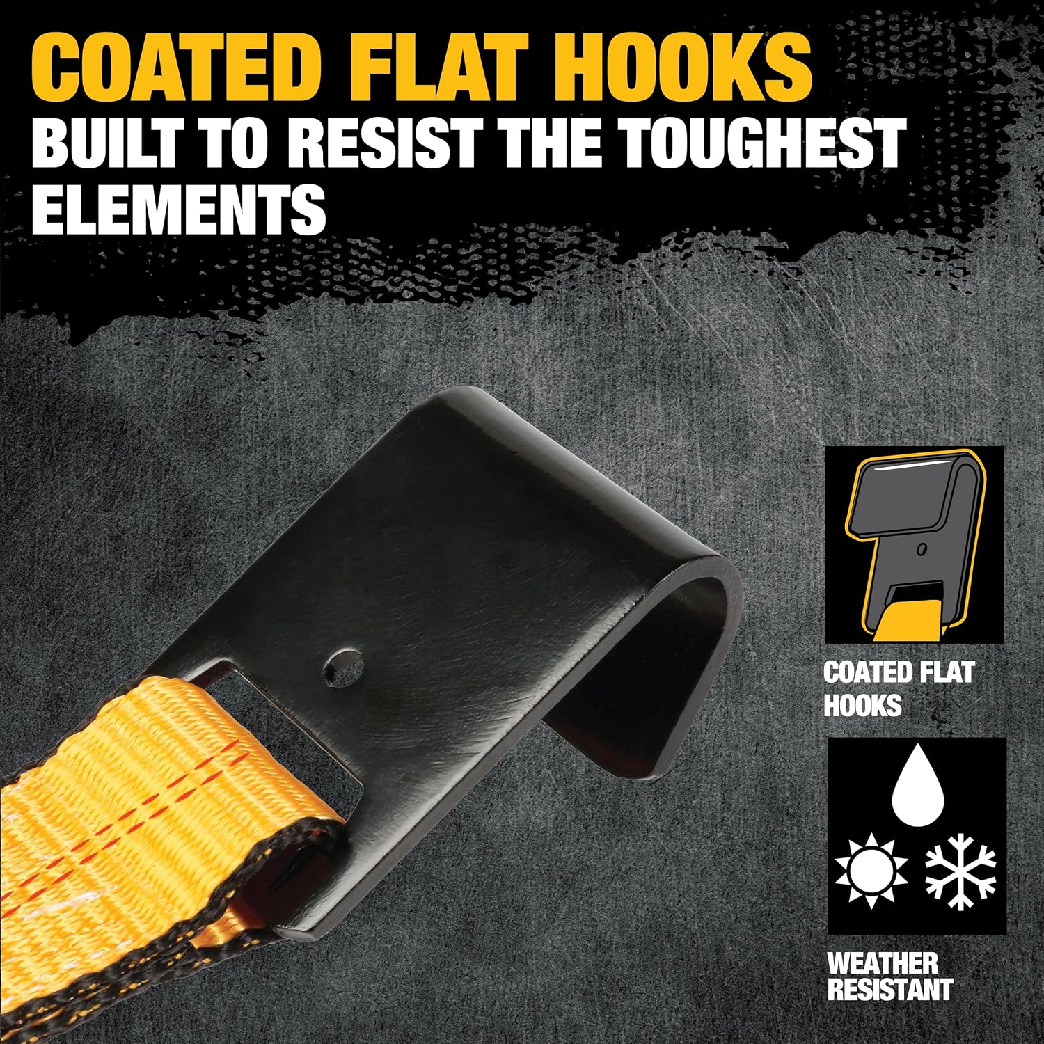 DEWALT 2"×27'×10,000 lbs Ratchet Straps with Flat Hooks, 6-Pack | Wide‑Grip Ergonomic Handle, Armored Side Caps, DOT / WSTDA Weather‑Resistant Straps, Flat Hooks for Industrial Cargo, Flatbed