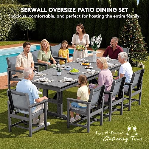 Miniatura 8 de SERWALL Juego de comedor al aire libre de 9 piezas, mesa y sillas de polietileno de alta densidad de 84 pulgadas para 8, juego de muebles de patio