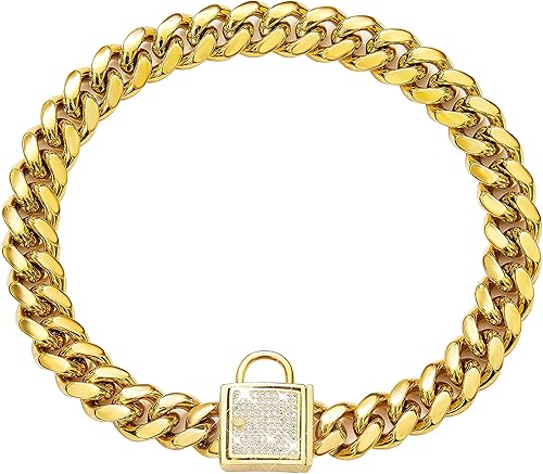 Collar de cadena de oro para perro con circonita cúbica con cierre de hebilla segura de 0.394 pulgadas, cadena de eslabones cubanos de acero