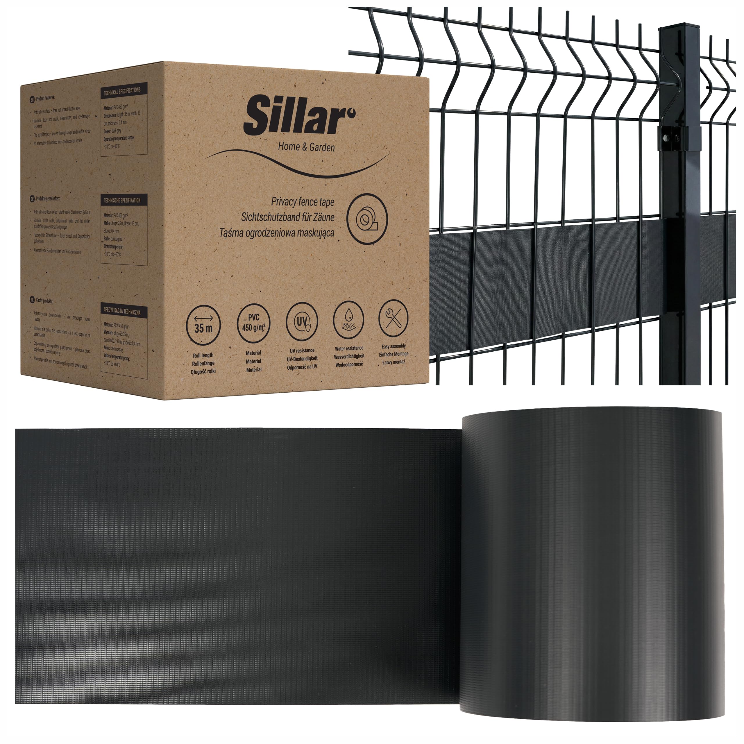 Sillar Frangivista Recinzione in PVC, Rotolo Frangivista Giardino 105m (3 pezzi-35 m x 19 cm), 450 g/m², Grigio Scuro, con Clip, Resistente UV e Intemperie, per Balcone Terrazza Esterno