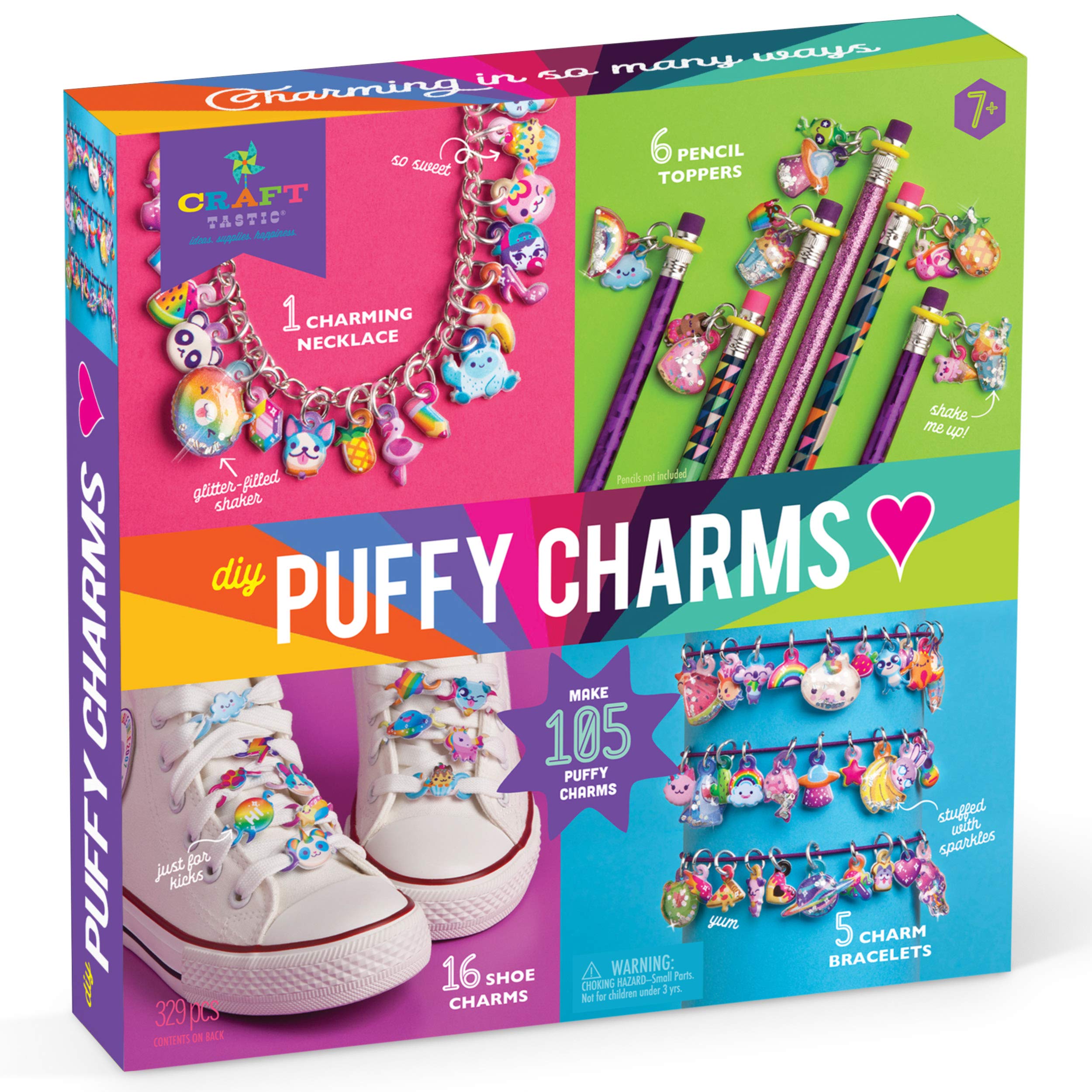 Craft-tastic – DIY Puffy Sticker Charms Kit Makes a Necklace, 5 Bracelets, 6 Pencil Toppers, and 16 Shoe Charms
