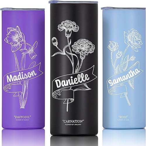 Vaso personalizado con flor de nacimiento grabada y nombre, vaso de café aislado al vacío de acero inoxidable de 20 onzas con tapa deslizante, taza