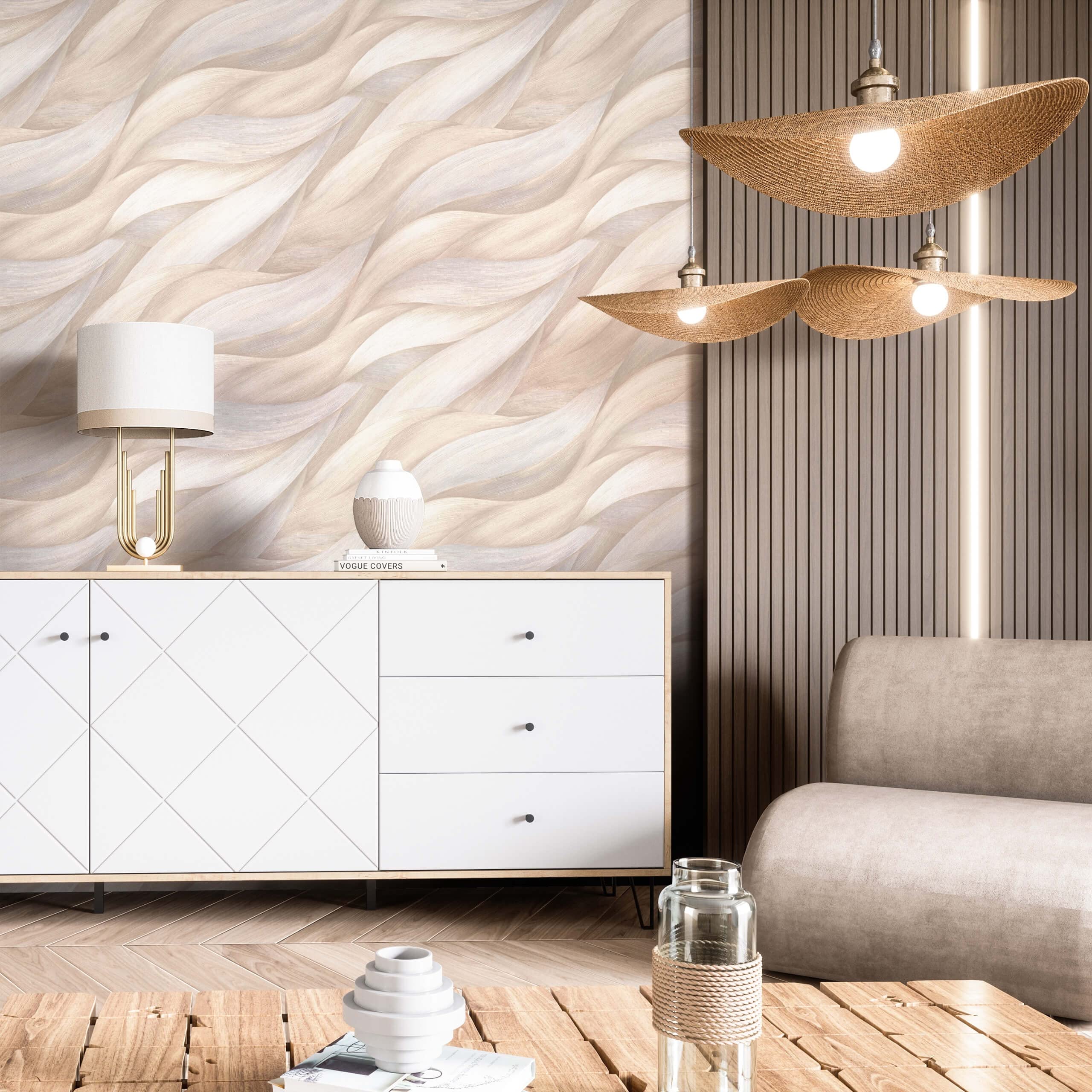 Newroom Carta da Parati TNT Beige Foglie Motivo Camera da Letto | effetto piuma cangiante, trama fibrosa in rilievo 3D, tono sabbia caldo, carta da parati floreale, stile boho, soggiorno