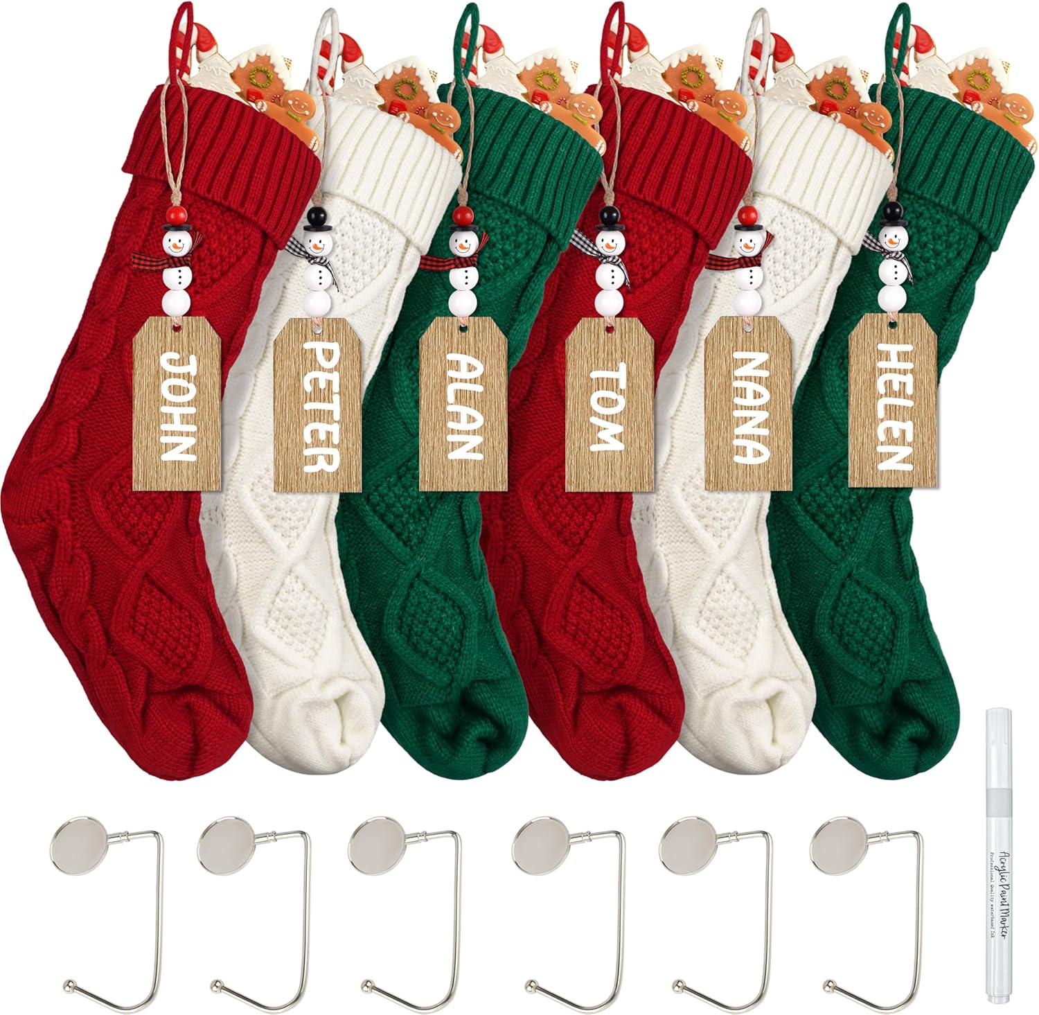 BORAMDO 6Pack Cable Knitted Christmas Stockings with Bow Name Tags, 18Inch Personalized Hanging Christmas Stockings Wooden Xmas Gift Tags for Holiday Party Family Home Xmas Tree Decor