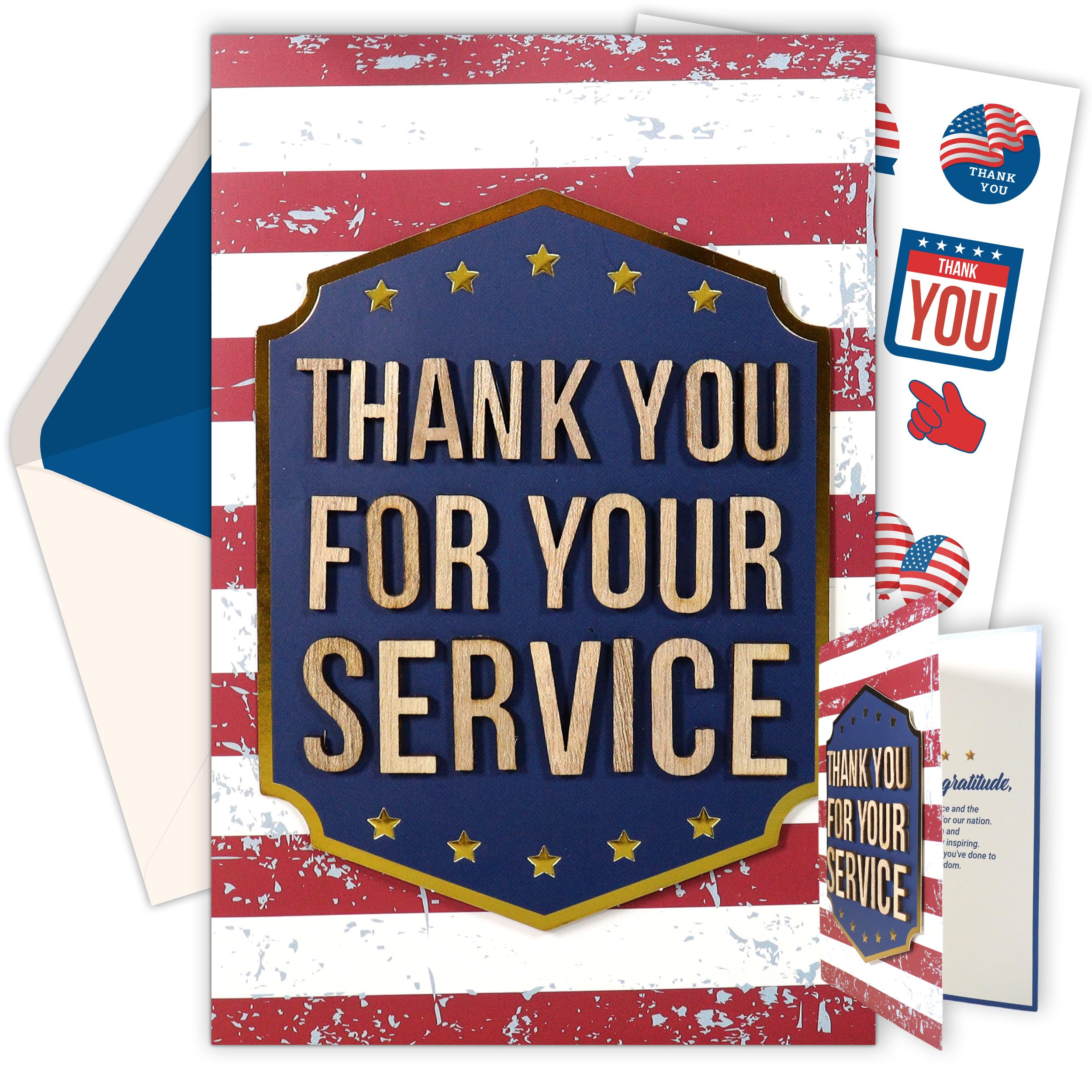 Decorably Gold-Foiled 5x7in Handmade Individual Thank You For Your Service Cards For Veterans with Wooden Letters on Die-Cut Badge with Envelopes &