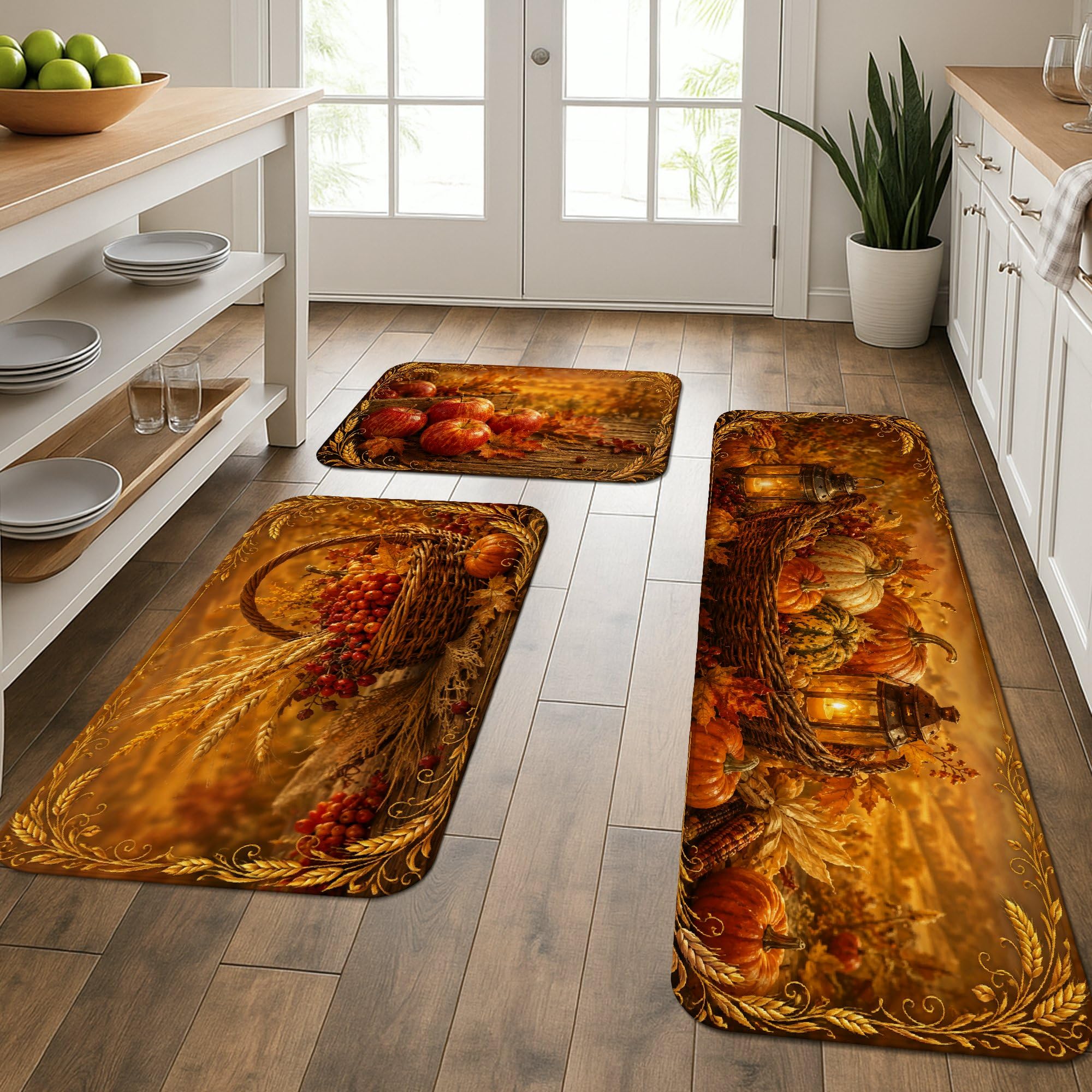 Tapis de cuisine citrouilles anti-fatigue : lot de 3 tapis de sol rembourré lavable pour évier