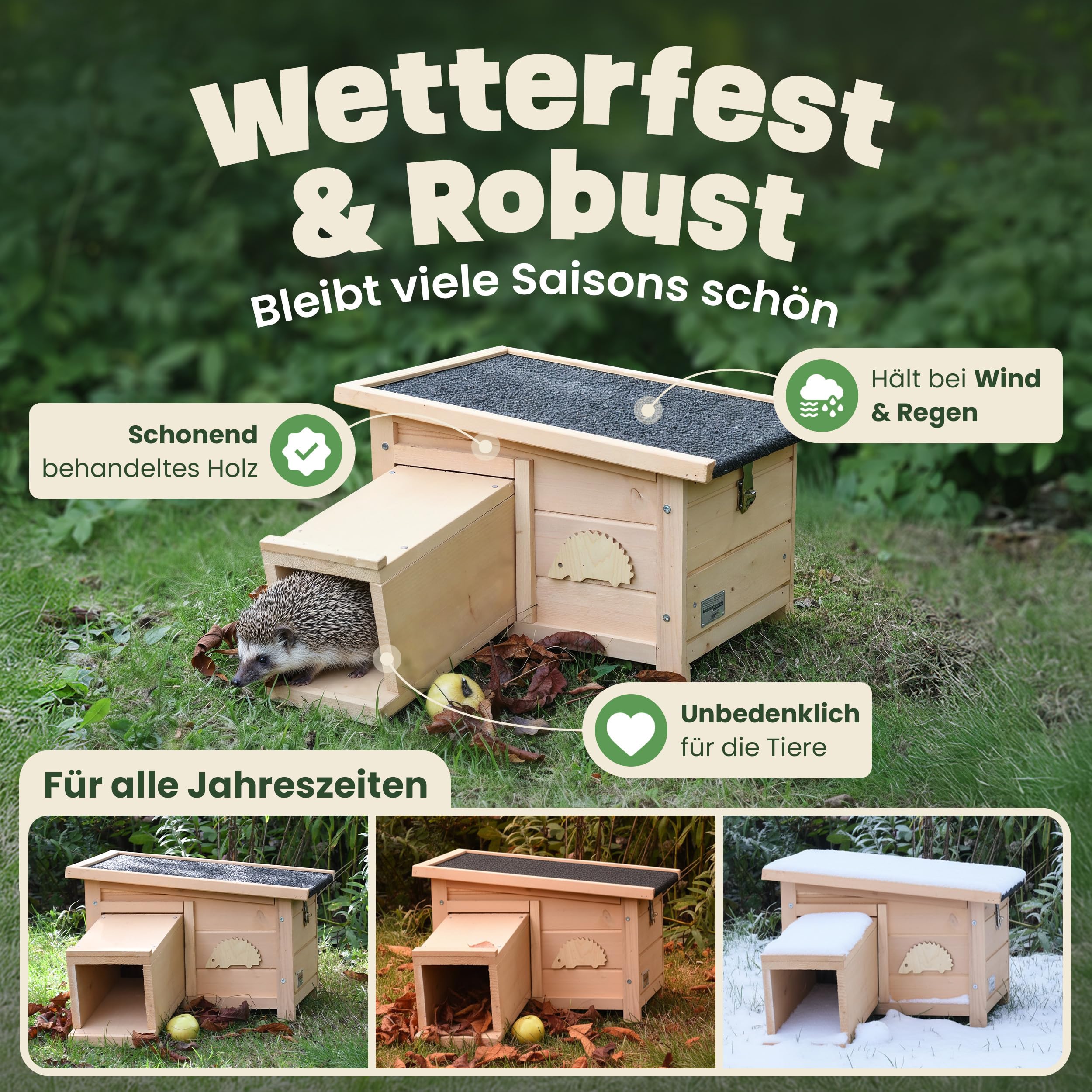zooprinz Igelhaus Winterfest mit Boden – sicheres Outdoor Igelhotel für den Garten, wetterfestes Holz Haus mit geschütztem Eingang & abnehmbarem Dach, Bausatz ohne Werkzeug – draussen trocken & warm