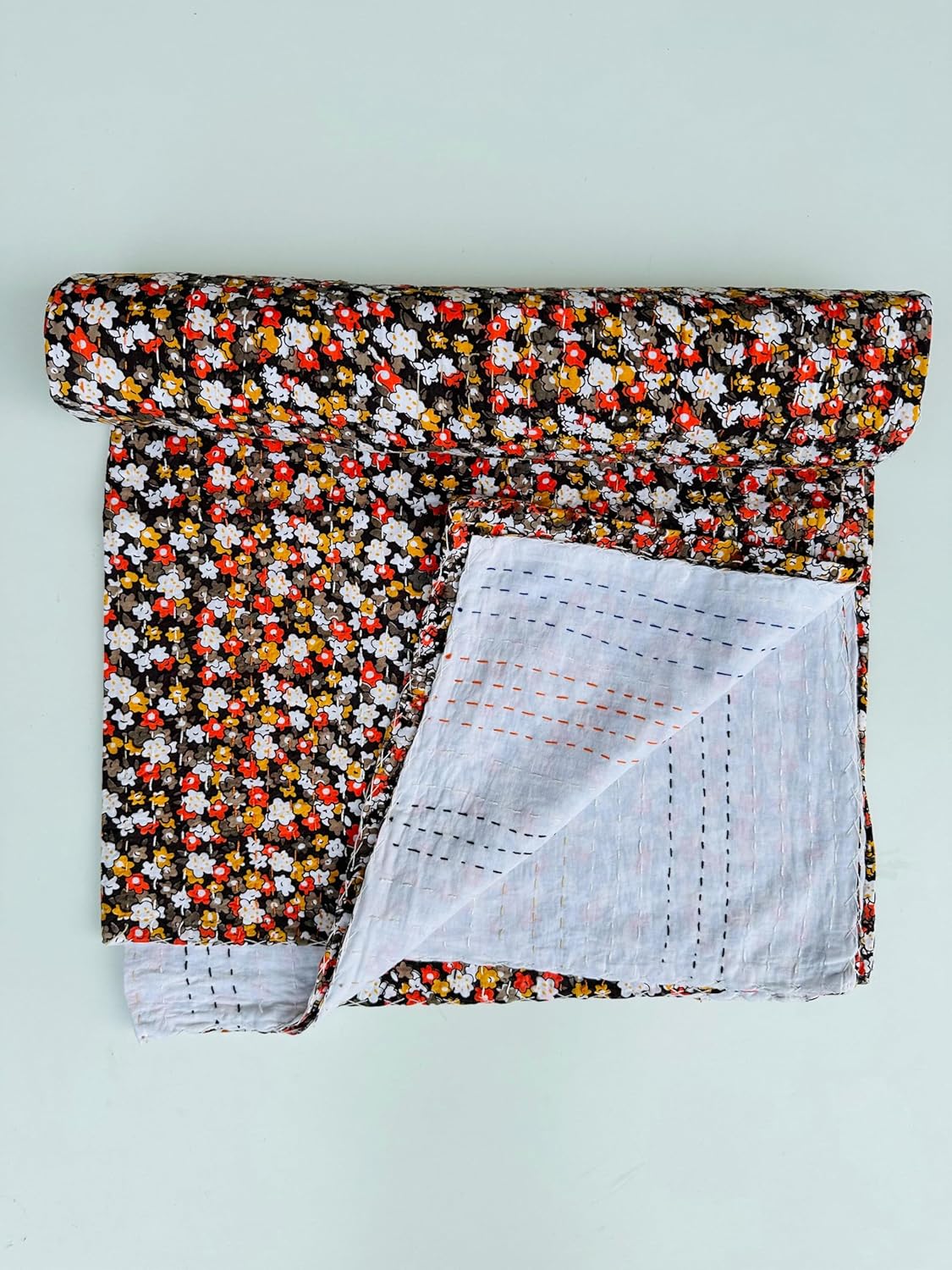 Handmade Kantha Quilt – Mini Floral Cotton Blanket, Reversible Vintage-Style Bedspread in Black, Orange & Yellow KQ-Multicolor, King (108X108), Mini Floral Block Print