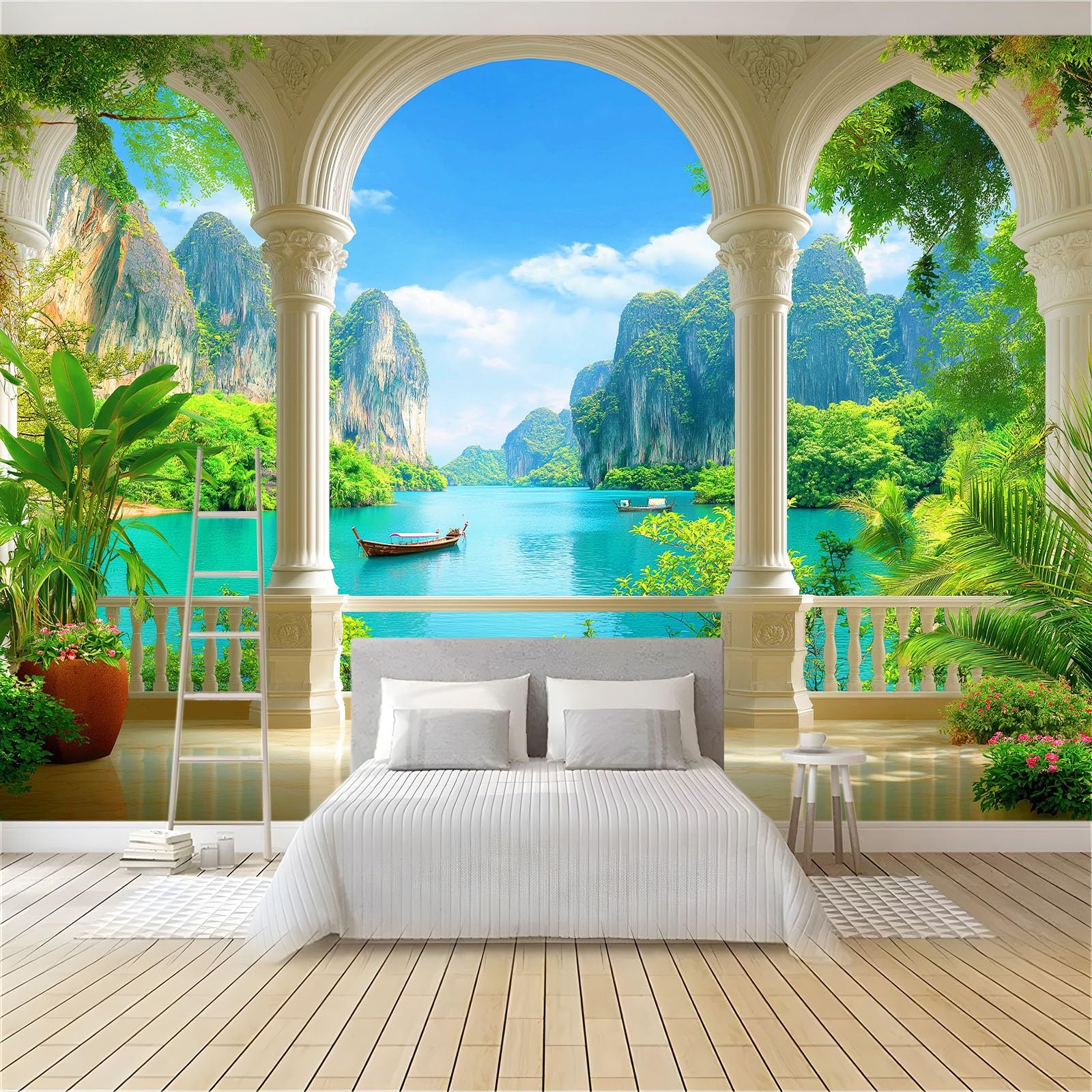 Panoramiczna tapeta w stylu morskim w stylu śródziemnomorskim, natura, krajobraz, 250 x 175 cm, olbrzymi plakat ścienny z włókniny, efekt 3D Trompe l'oko, dekoracja do salonu, pokoju dziecięcego i
