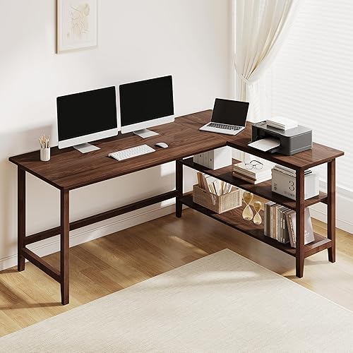 Miniatura 11 de IOTXY Reversible L-Shaped Office Desk - 45" Compact Corner Computer Table with Storage Shelves, Solid Wood Legs, Writing & Study Workstation for