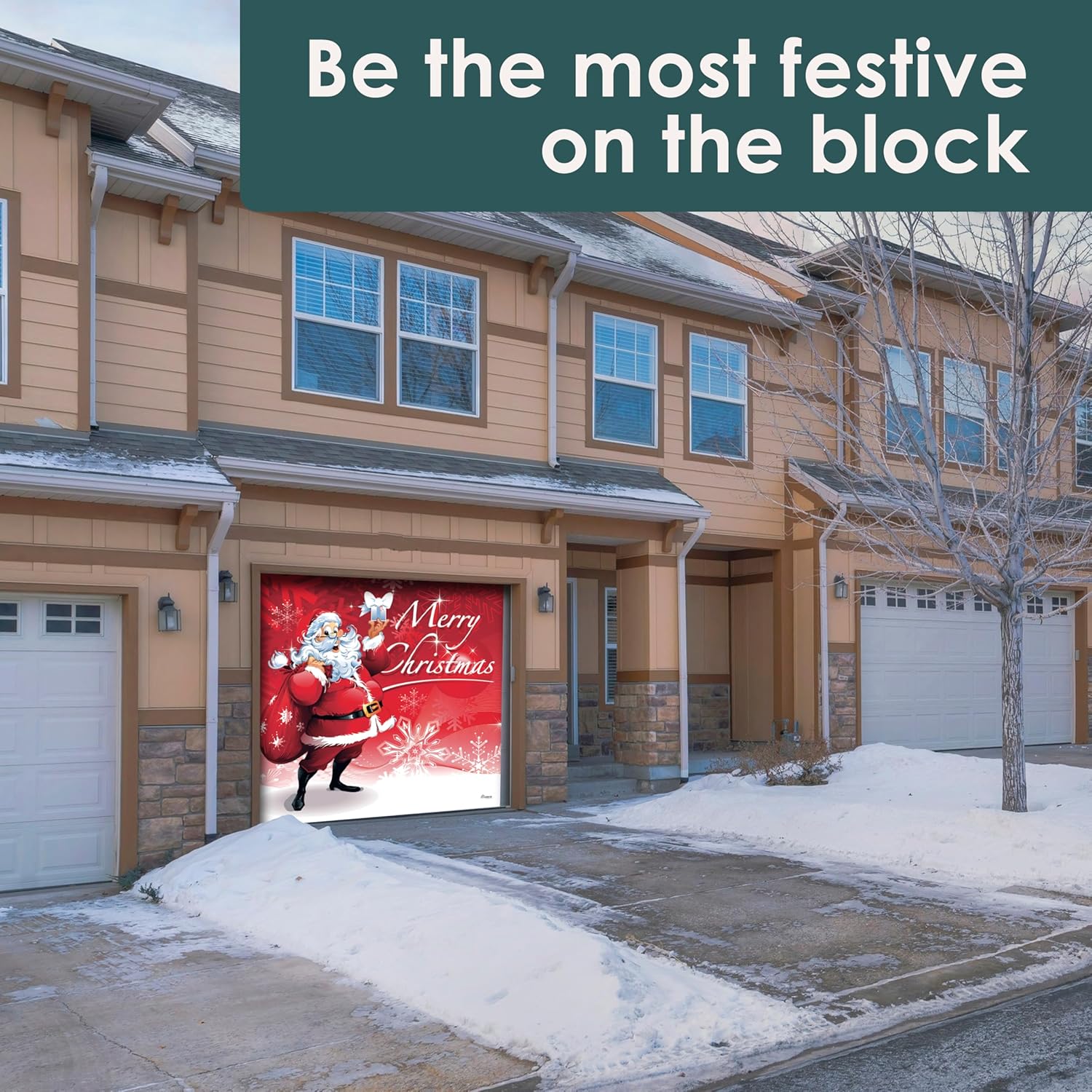 7' x 8' Jolly Santa’s Merry Christmas Garage Door Banner - Designed to Move with Door | Cheerful Holiday Single Garage Door Decoration