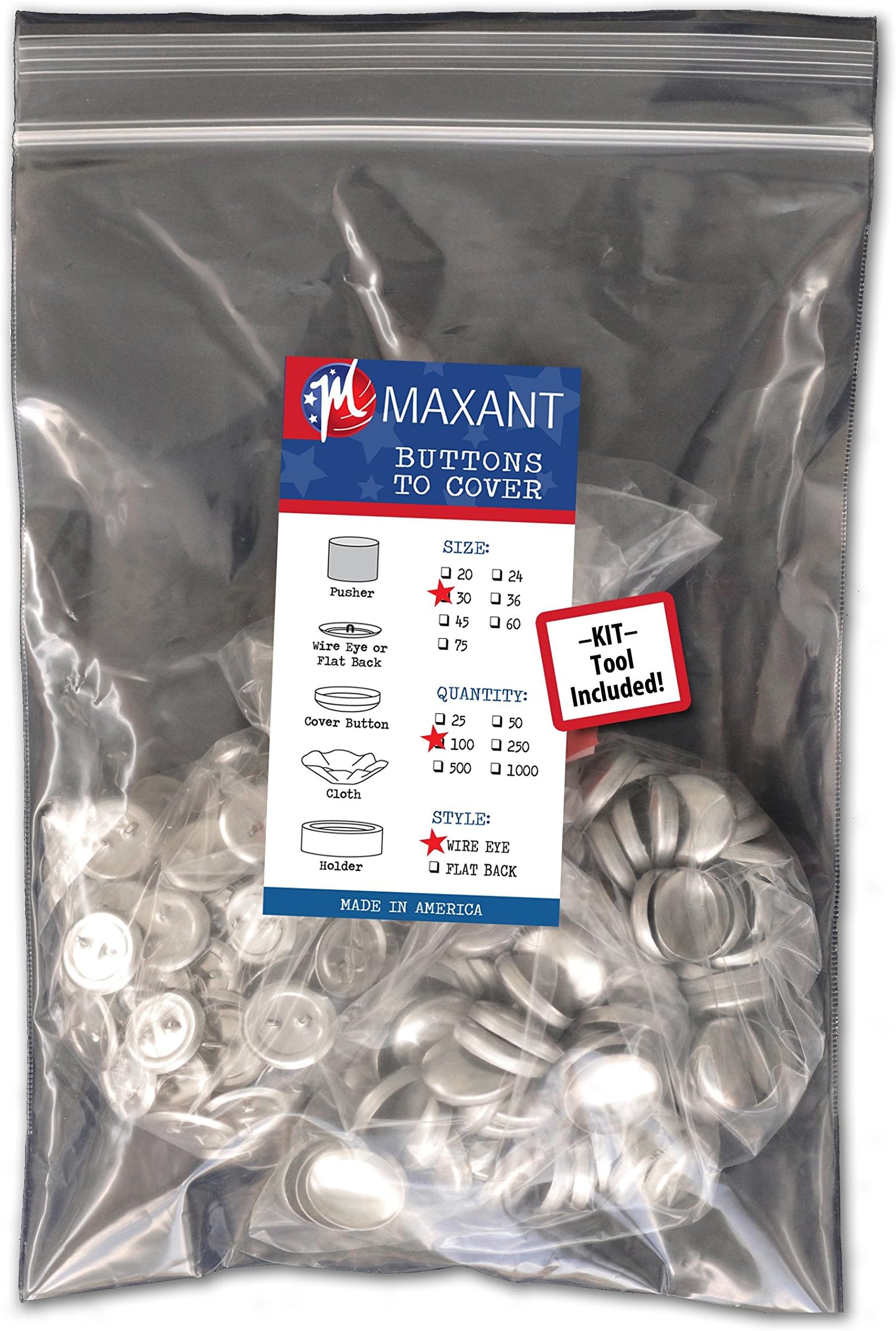 Maxant 100 Buttons to Cover - Made in USA - Self Cover Buttons with Wire Eyes Size 30 with Tool