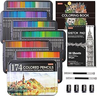 174 Colors Professional Colored Pencils Set, Shuttle Art Soft Core with 1 Coloring Book,1 Sketch Pad, 4 Sharpener, 2 Pencil Extender, Perfect for Artists Kids Adults Coloring, Drawing