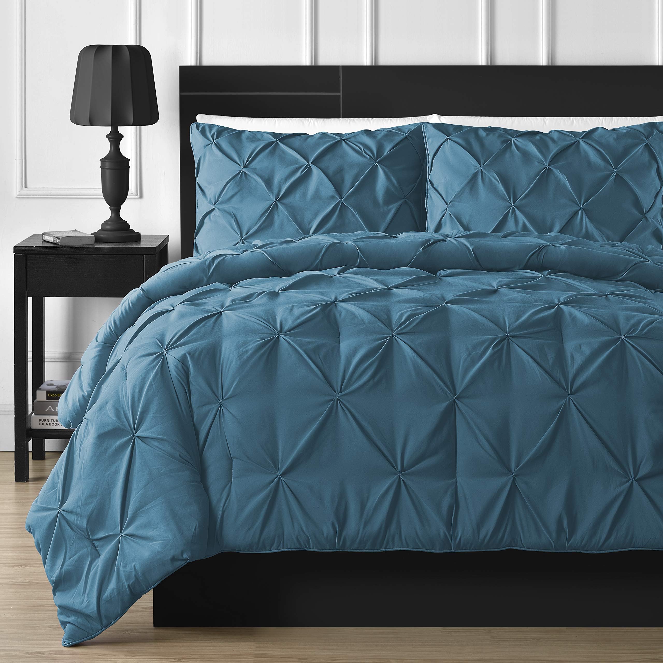 Comfy Bedding Double Needle Durable Stitching 3-Piece Pinch Pleat Comforter Set All Season Pintuck Style, Queen, Teal