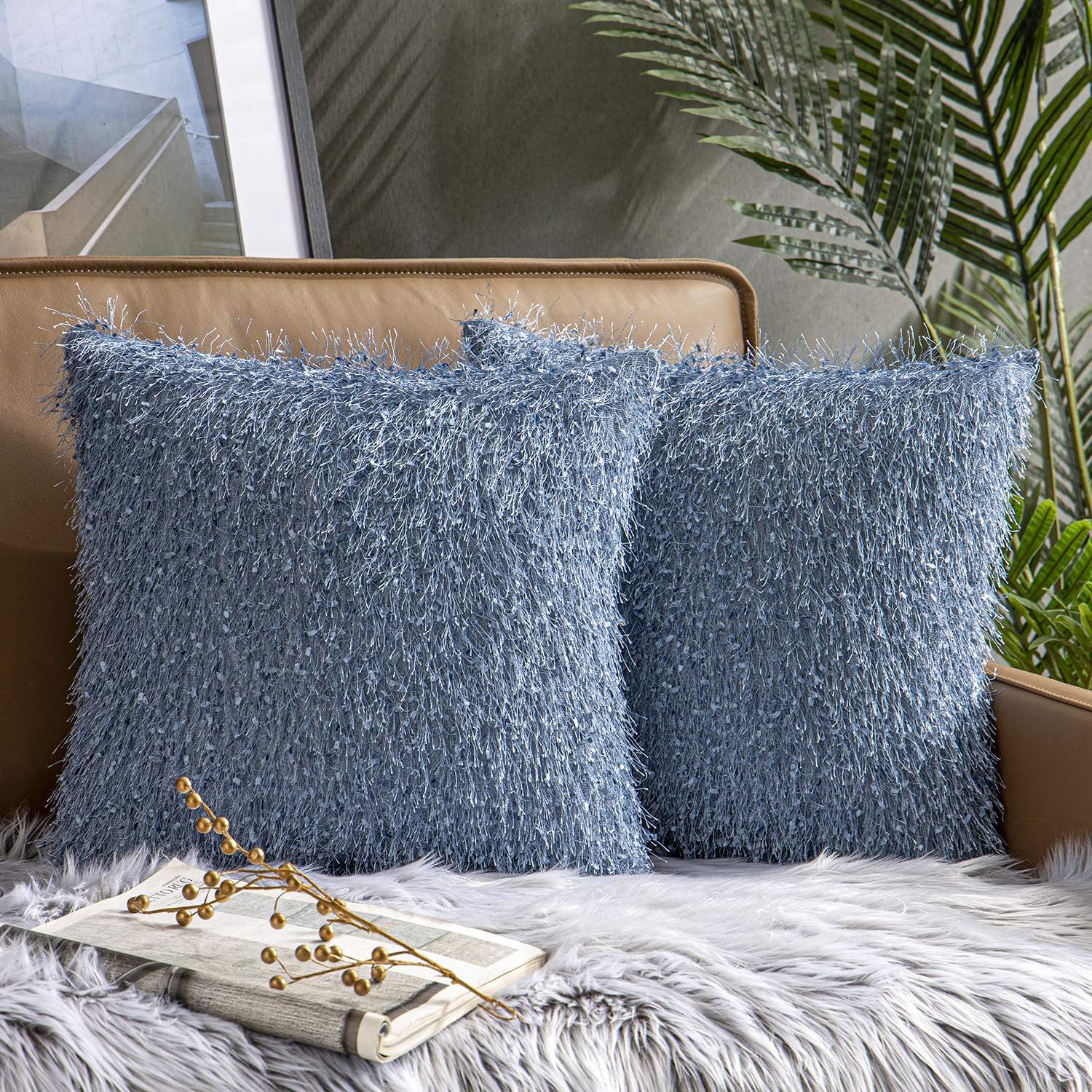 Phantoscope Pack of 2 Shiny Tassel with Flakes Throw Pillow Covers Luxurious Velvet Series Decorative Pillowcases Cushion Cover for Couch Bed and Chair, Blue, 18 x 18 inches, 45 x 45 cm