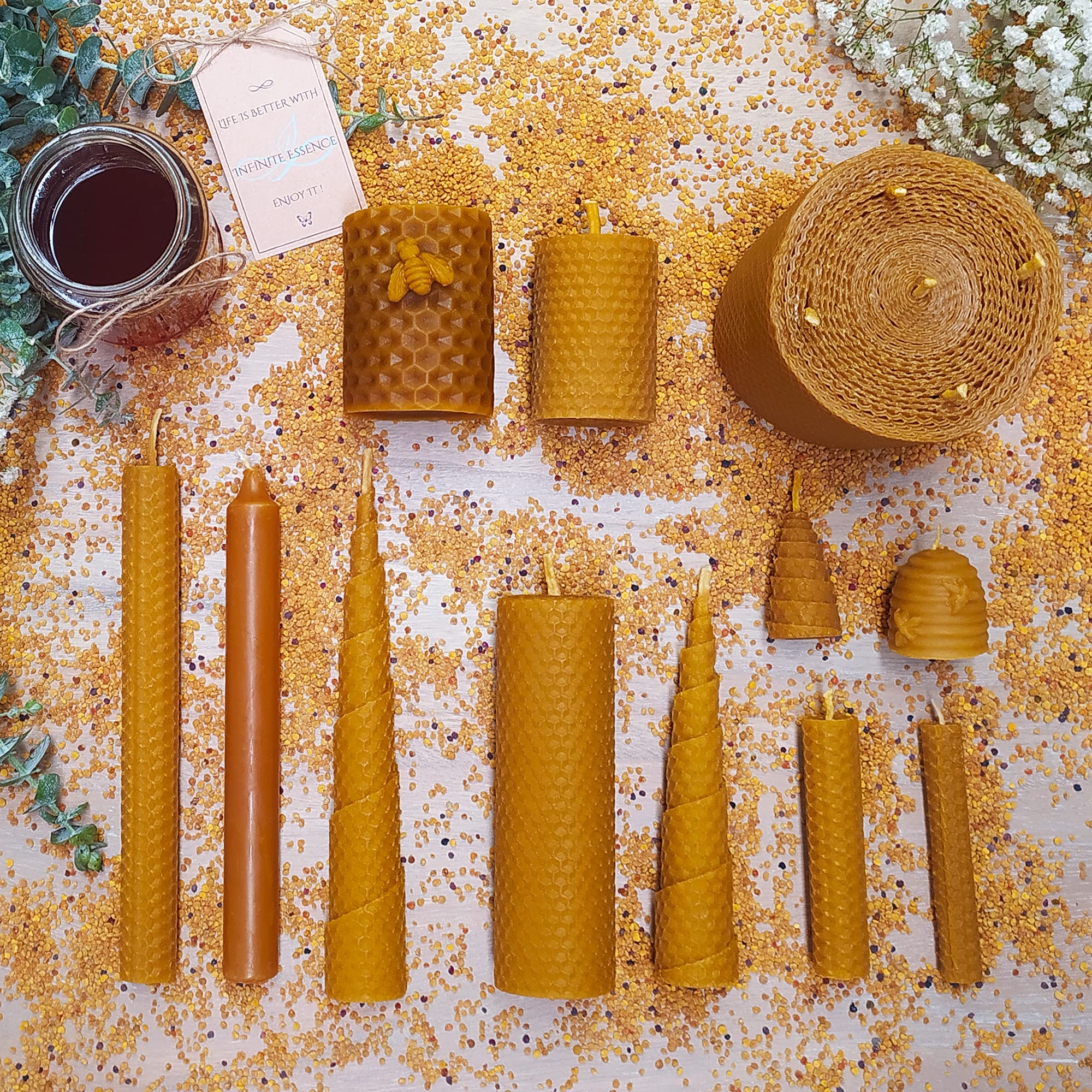LAMARE 8 Velas de Miel de Abeja Natural 100% Cera de Abeja Hechas a Mano Sin Parafina - Ritual Mágico Buena Suerte 11/22 - Velas Decorativas - Perfectas para regalo (15 cm x 3 cm)