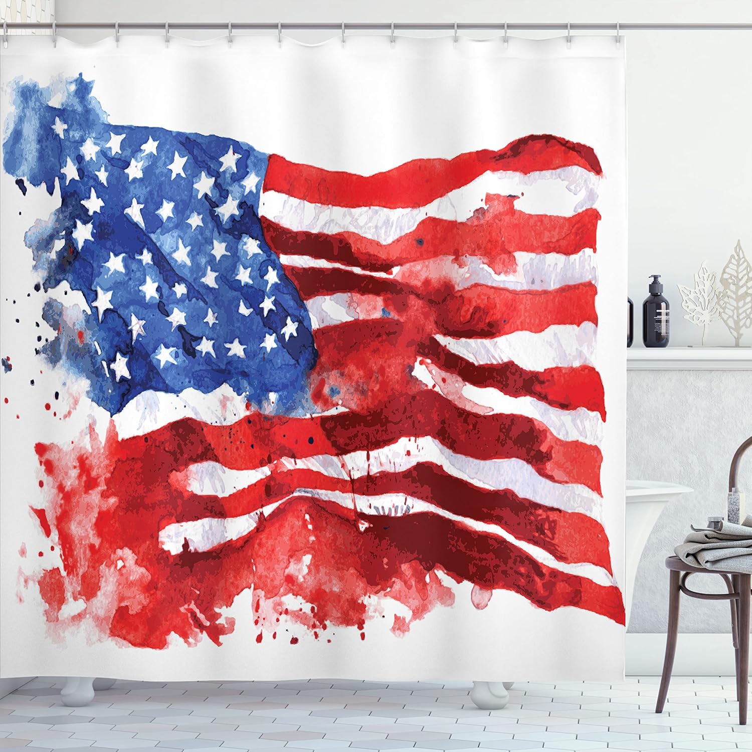 Ambesonne American Shower Curtain, Flag of America Watercolor Splash National Independence Symbol Abstract Art, Cloth Fabric Bathroom Decor Set with Hooks, 69" W x 70" L, Red Blue White